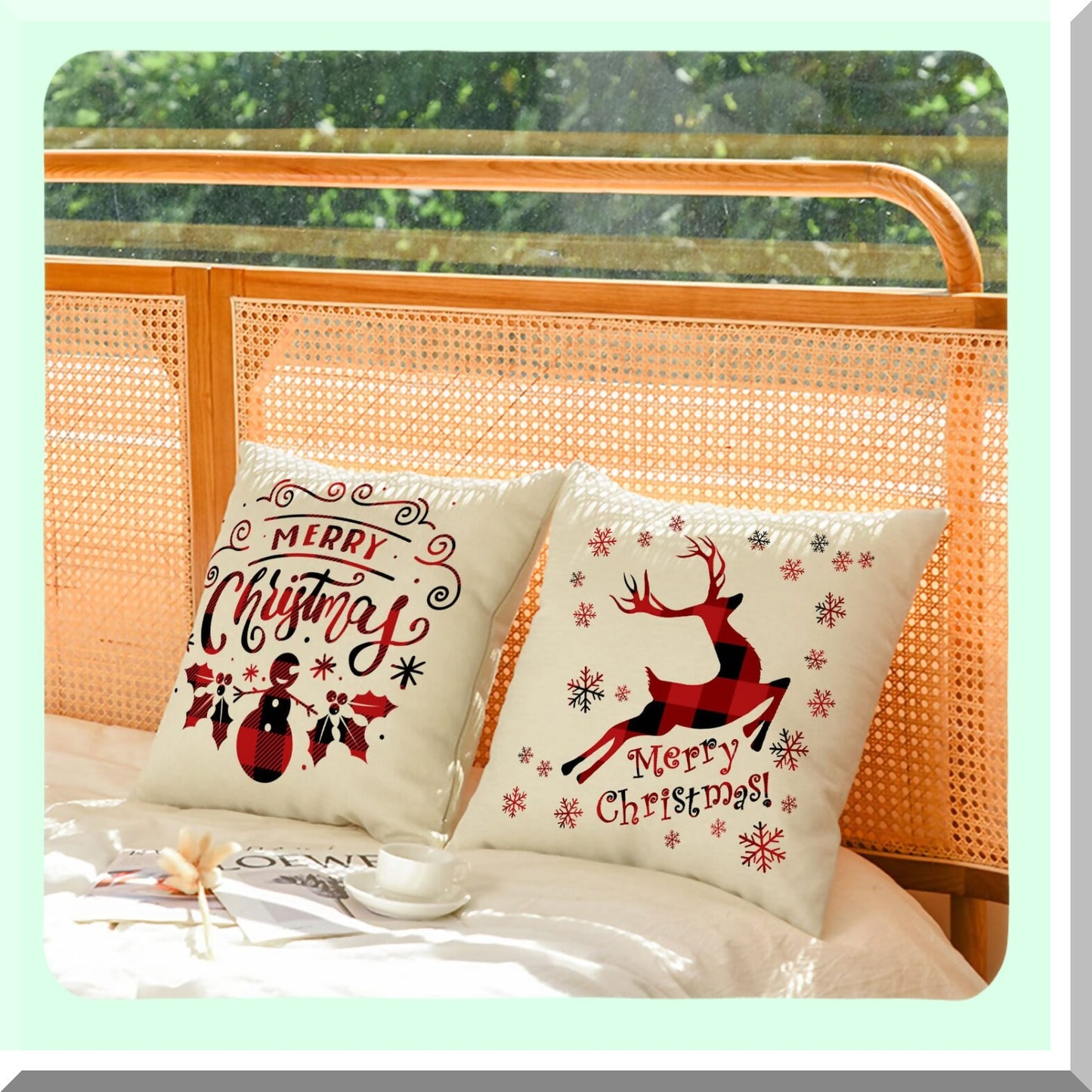 Holiday Xmas Decorative Pillow Cover Set - Trees Red Truck Snowflakes Deer Square Cushion Covers - Outdoor Indoor Couch Sofa Home Decor - Cotton Linen - 16x16 Inch - Pack of 4