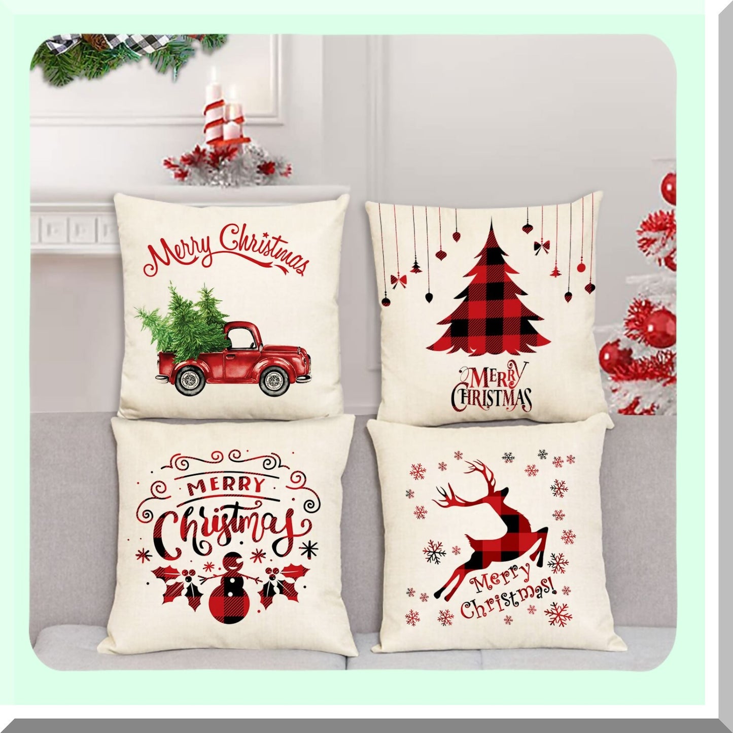 Holiday Xmas Decorative Pillow Cover Set - Trees Red Truck Snowflakes Deer Square Cushion Covers - Outdoor Indoor Couch Sofa Home Decor - Cotton Linen - 16x16 Inch - Pack of 4