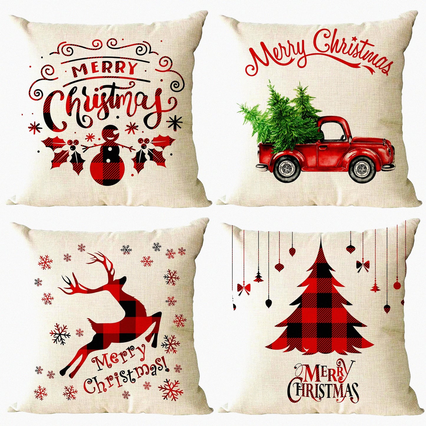 Holiday Xmas Decorative Pillow Cover Set - Trees Red Truck Snowflakes Deer Square Cushion Covers - Outdoor Indoor Couch Sofa Home Decor - Cotton Linen - 16x16 Inch - Pack of 4
