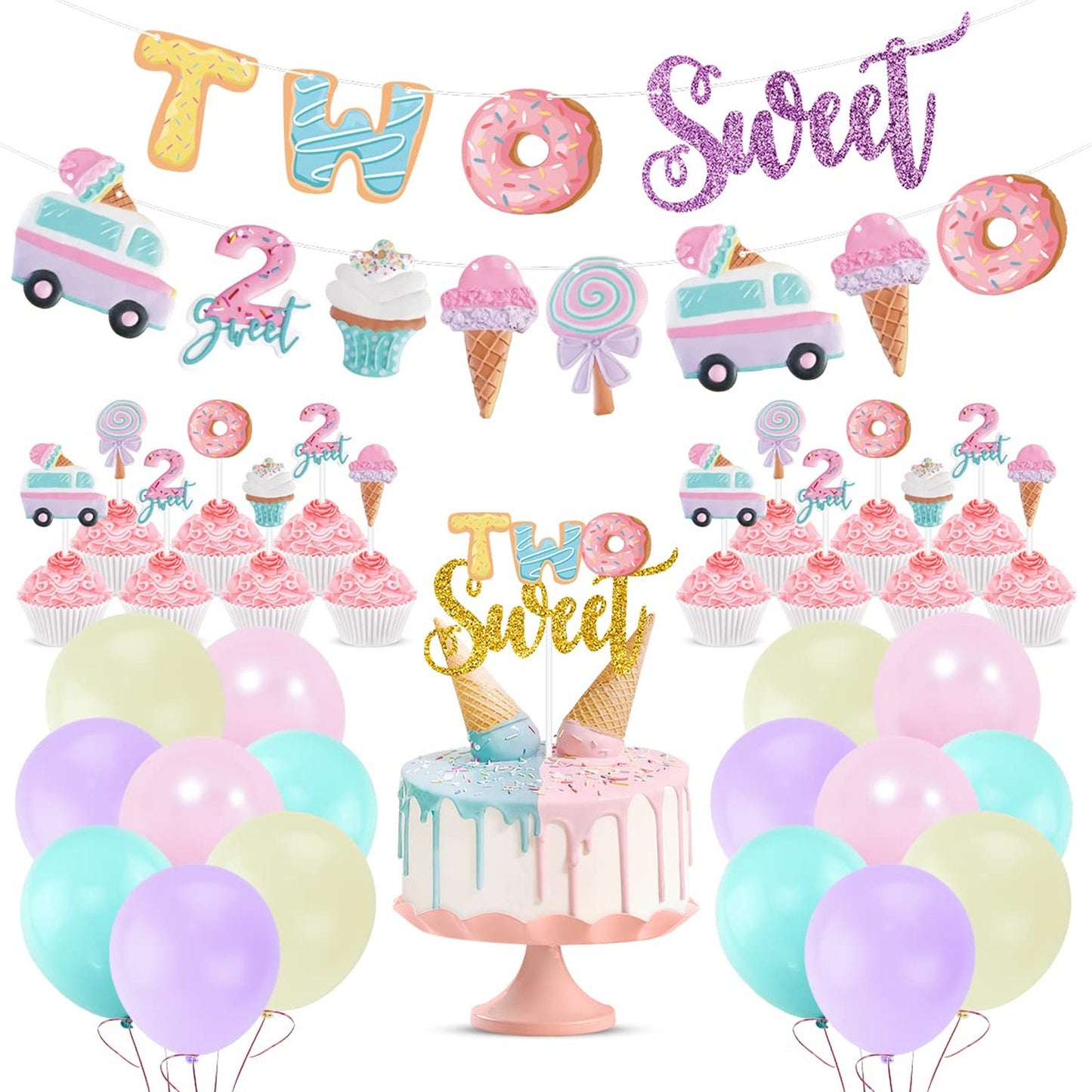 Sweet Treats Party Pack - Ice Cream Birthday Decor Set with Banner, Toppers, Balloons for 2nd Bday Celebration, Donut Theme Girls Party Supplies