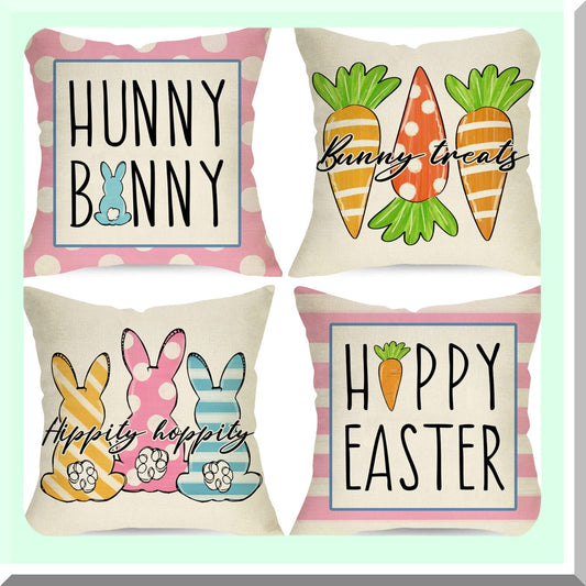 Pink Bunny Hop Decorative Pillow Covers - Set of 4, Rabbit Cushion Case for Spring Home Decor, Happy Bunny Treats Sofa Couch Throw Pillows
