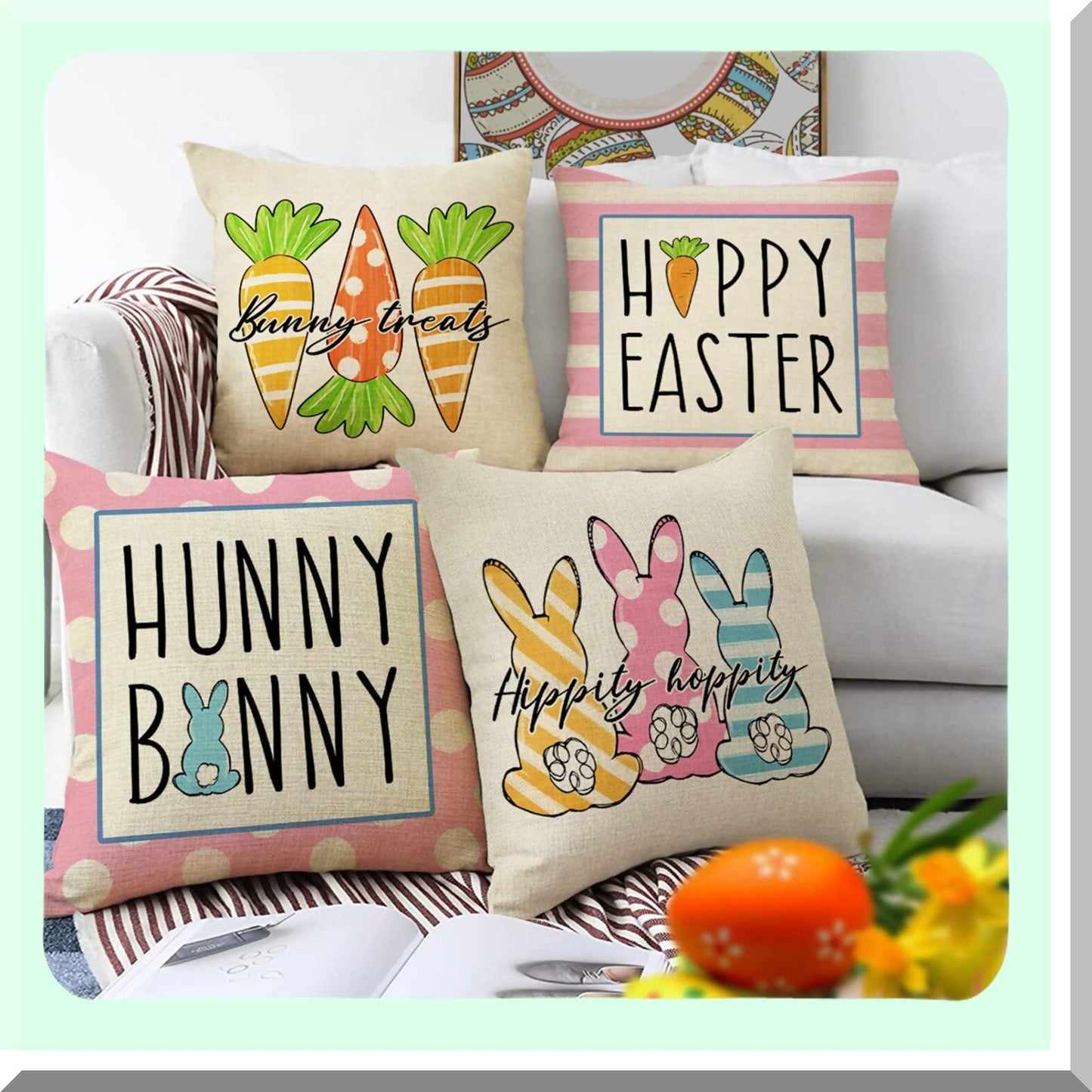 Pink Bunny Hop Decorative Pillow Covers - Set of 4, Rabbit Cushion Case for Spring Home Decor, Happy Bunny Treats Sofa Couch Throw Pillows