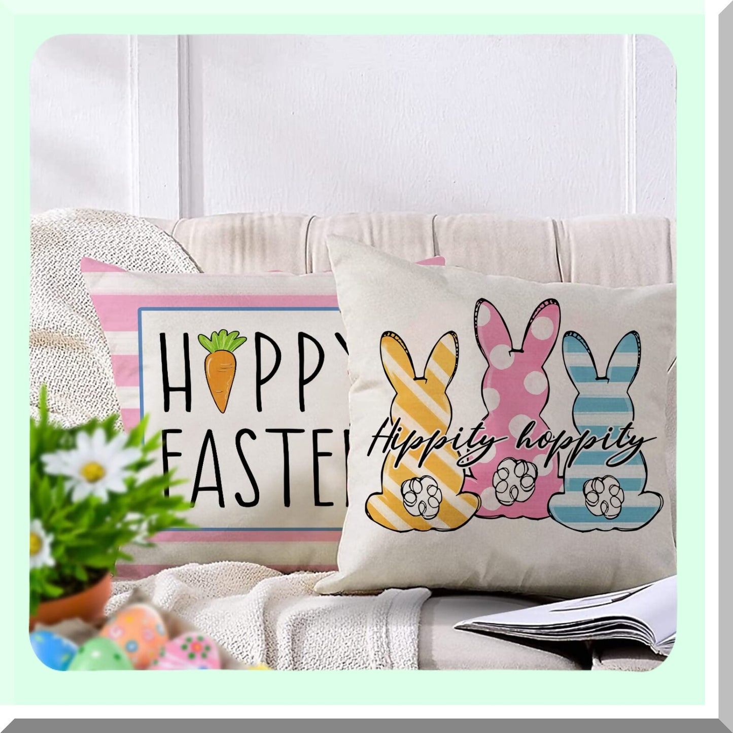Pink Bunny Hop Decorative Pillow Covers - Set of 4, Rabbit Cushion Case for Spring Home Decor, Happy Bunny Treats Sofa Couch Throw Pillows