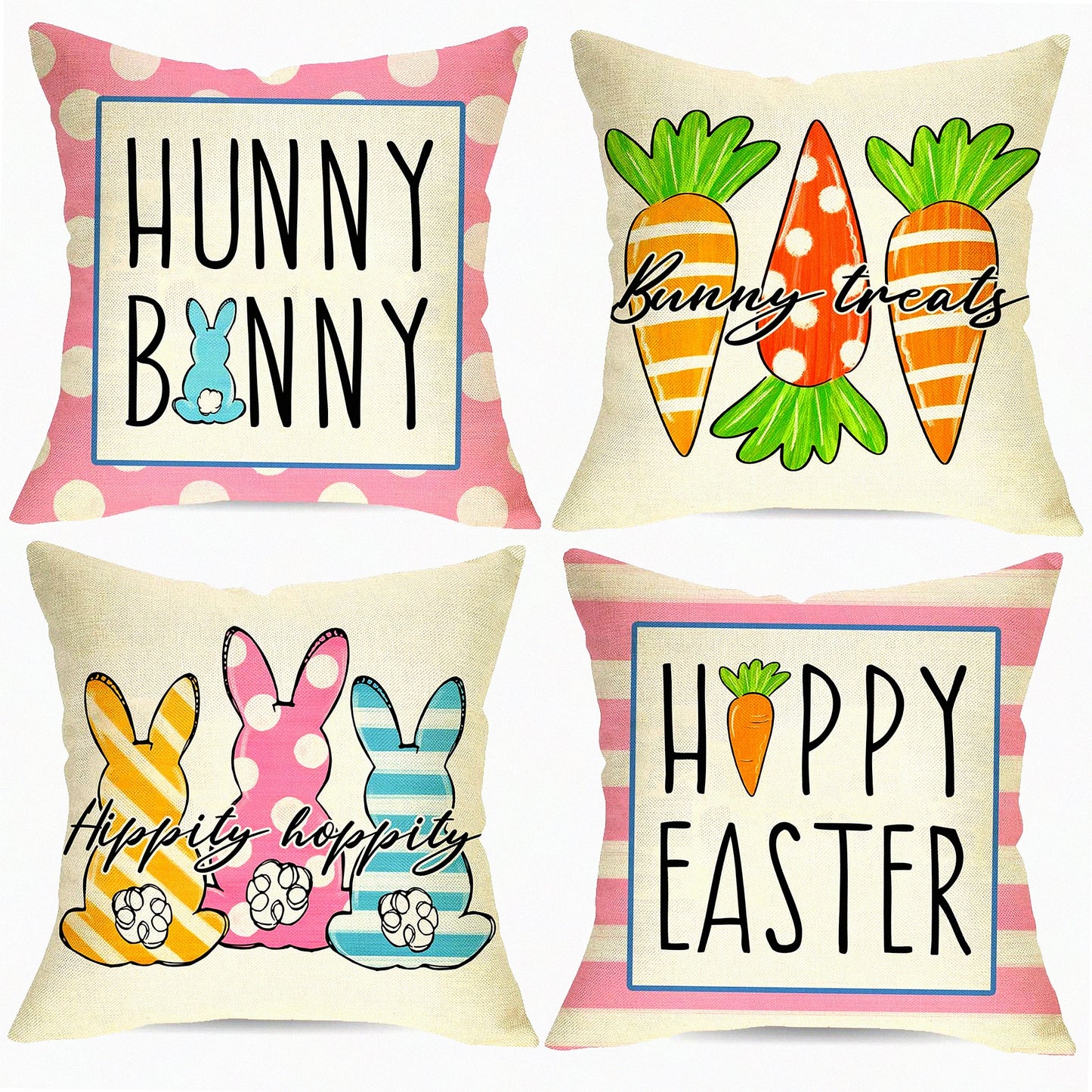 Pink Bunny Hop Decorative Pillow Covers - Set of 4, Rabbit Cushion Case for Spring Home Decor, Happy Bunny Treats Sofa Couch Throw Pillows