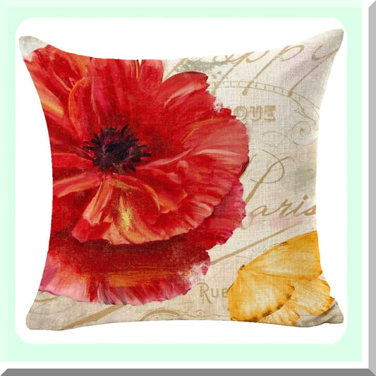 Poppy Bloom Decorative Throw Pillow Cover - Red Yellow Flower Sofa Cushion Case, Beige Cotton Linen Square 18" - Home Decor Accent Piece