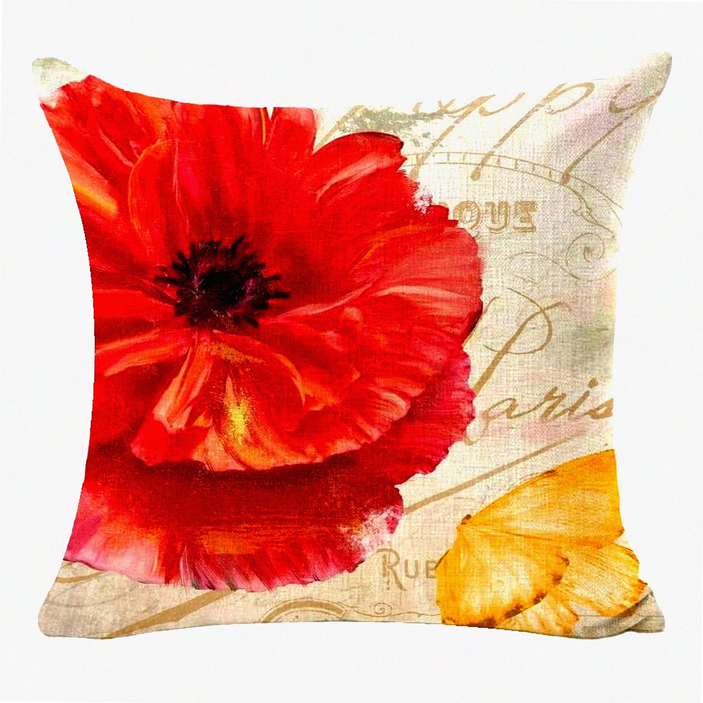 Poppy Bloom Decorative Throw Pillow Cover - Red Yellow Flower Sofa Cushion Case, Beige Cotton Linen Square 18" - Home Decor Accent Piece