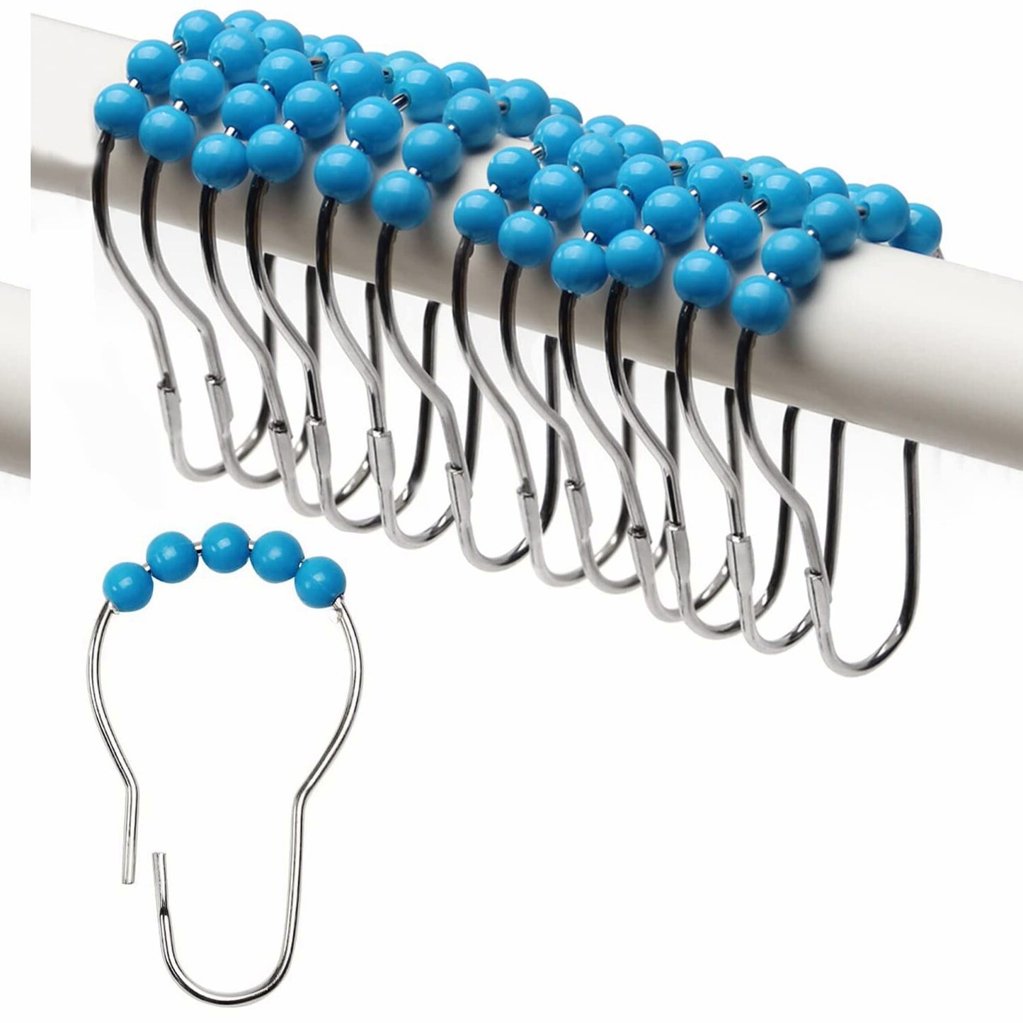 12Pcs Sky Blue Metal Shower Curtain Rings Hooks