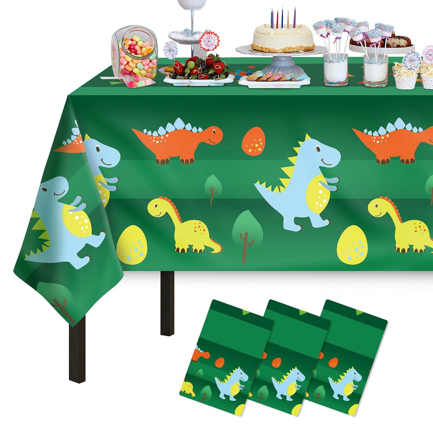 DinoParty Tablecloth Trio - 3 Pack 54" x 108" Disposable Plastic Tablecloths for Dinosaur Birthday Party Decor - Kids Boys Girls Rectangle Tables Theme