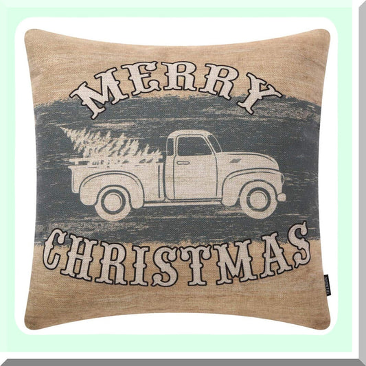 Farmhouse Truck Pillow Cover - Rustic Cotton Linen Decorative Throw Cushion Case 18x18 - Vintage PL403TR Pattern - Merry Home Decor