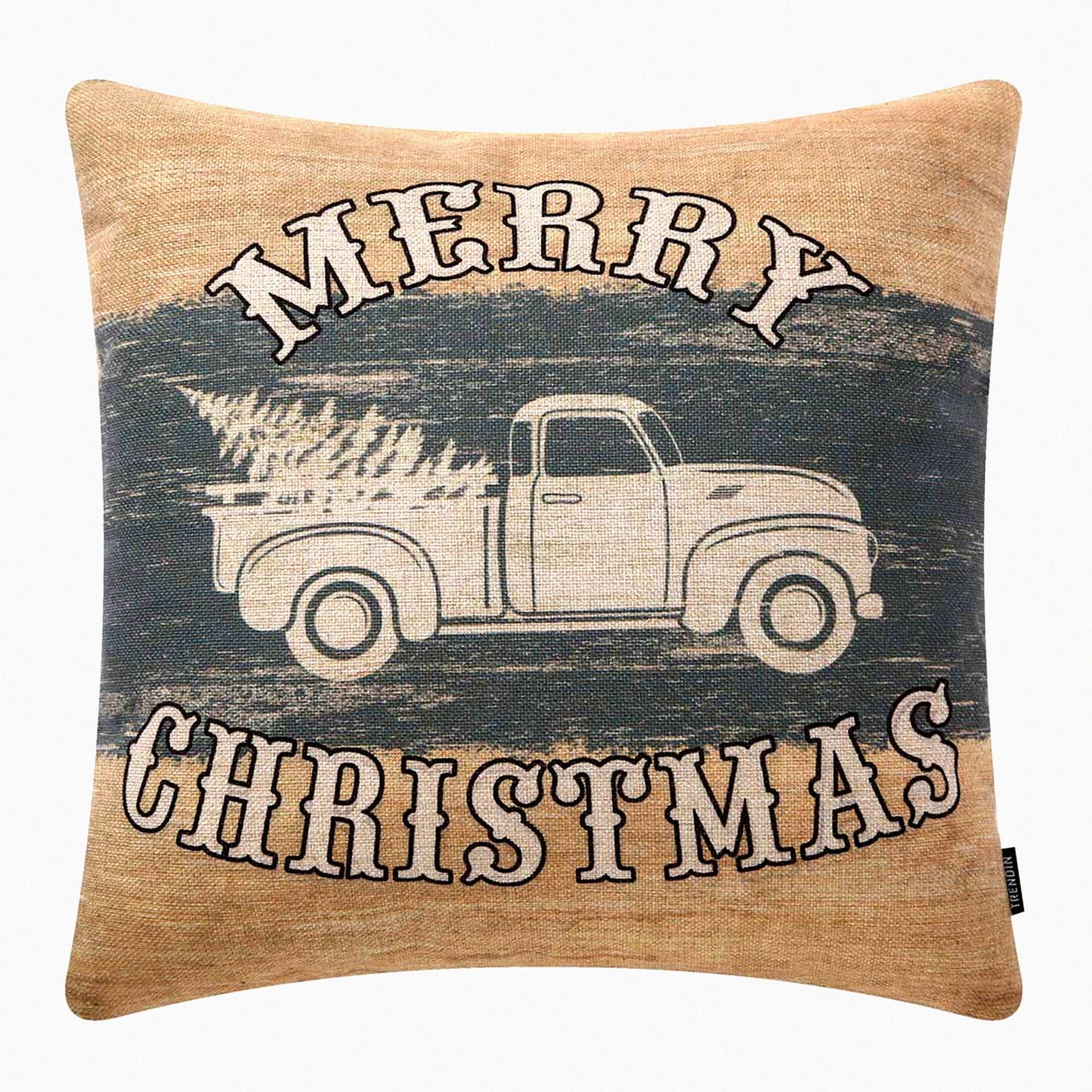 Farmhouse Truck Pillow Cover - Rustic Cotton Linen Decorative Throw Cushion Case 18x18 - Vintage PL403TR Pattern - Merry Home Decor
