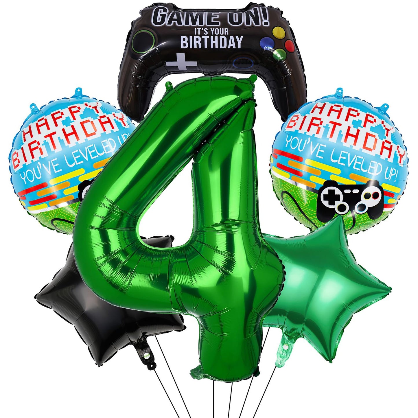 Game On Party Pack - 6Pcs Video Game Controller Balloons & Number Mylar F Balloon. Perfect for Video Game Themed Birthday Decorations for 4th Birthday!