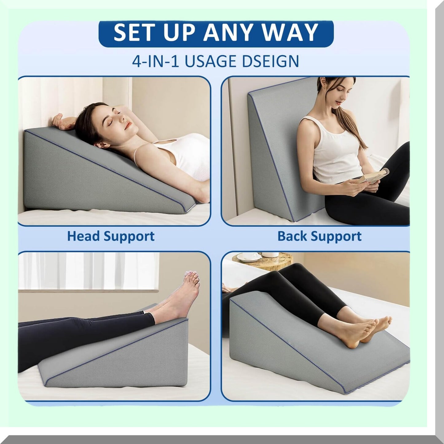 CoolComfort Wedge Pillow - Gaming, Reading, Sleeping Support | 9.5" Memory Foam | Back & Leg Elevation | Grey | Cooling Technology | Multi-Use Pillow