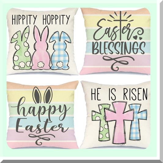 Spring Farmhouse Buffalo Plaid Pillow Covers Set - 18x18 Decorative Throw Pillows with Polka Dot Stripes Bunny Cross Design - Home Decorations Set of 4