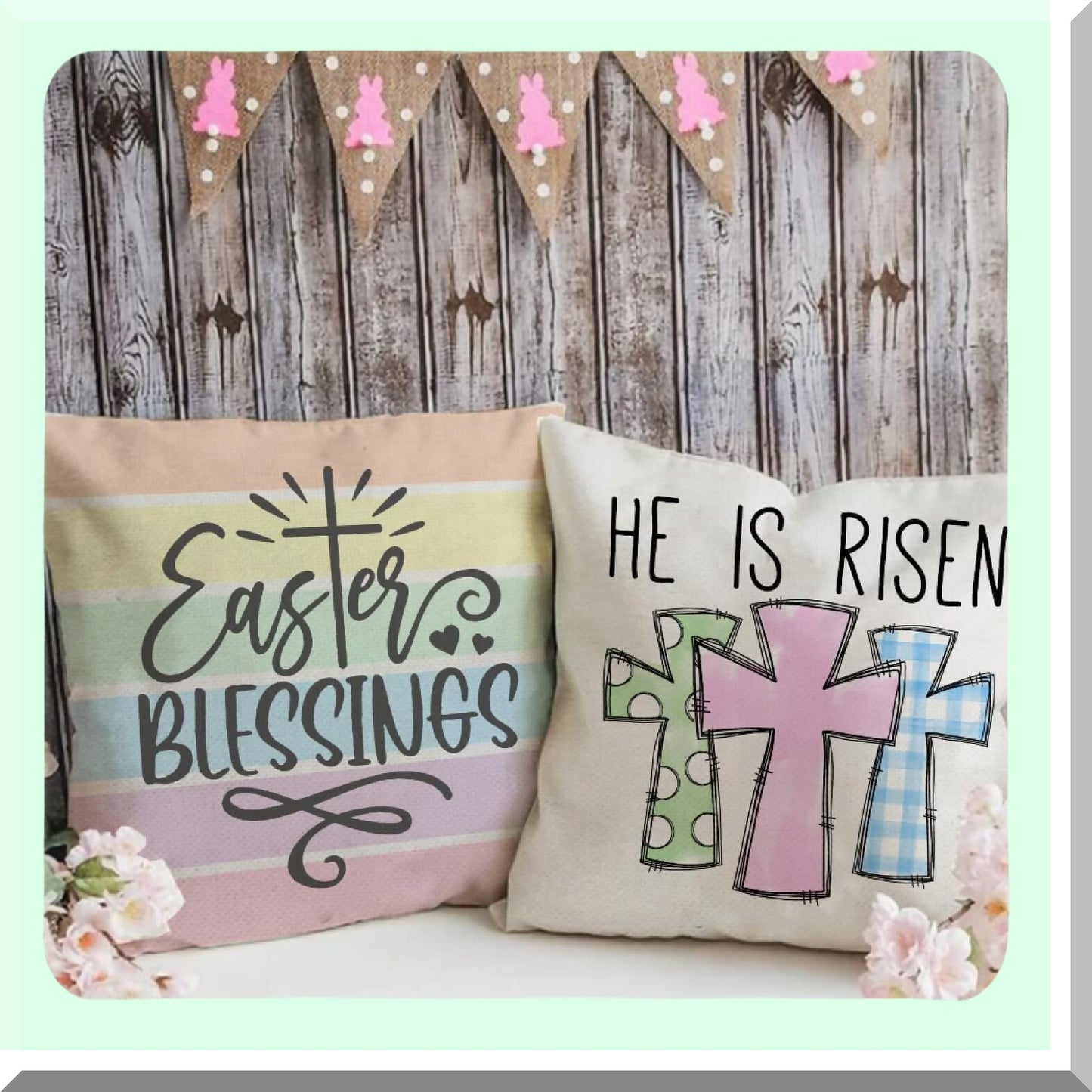 Spring Farmhouse Buffalo Plaid Pillow Covers Set - 18x18 Decorative Throw Pillows with Polka Dot Stripes Bunny Cross Design - Home Decorations Set of 4