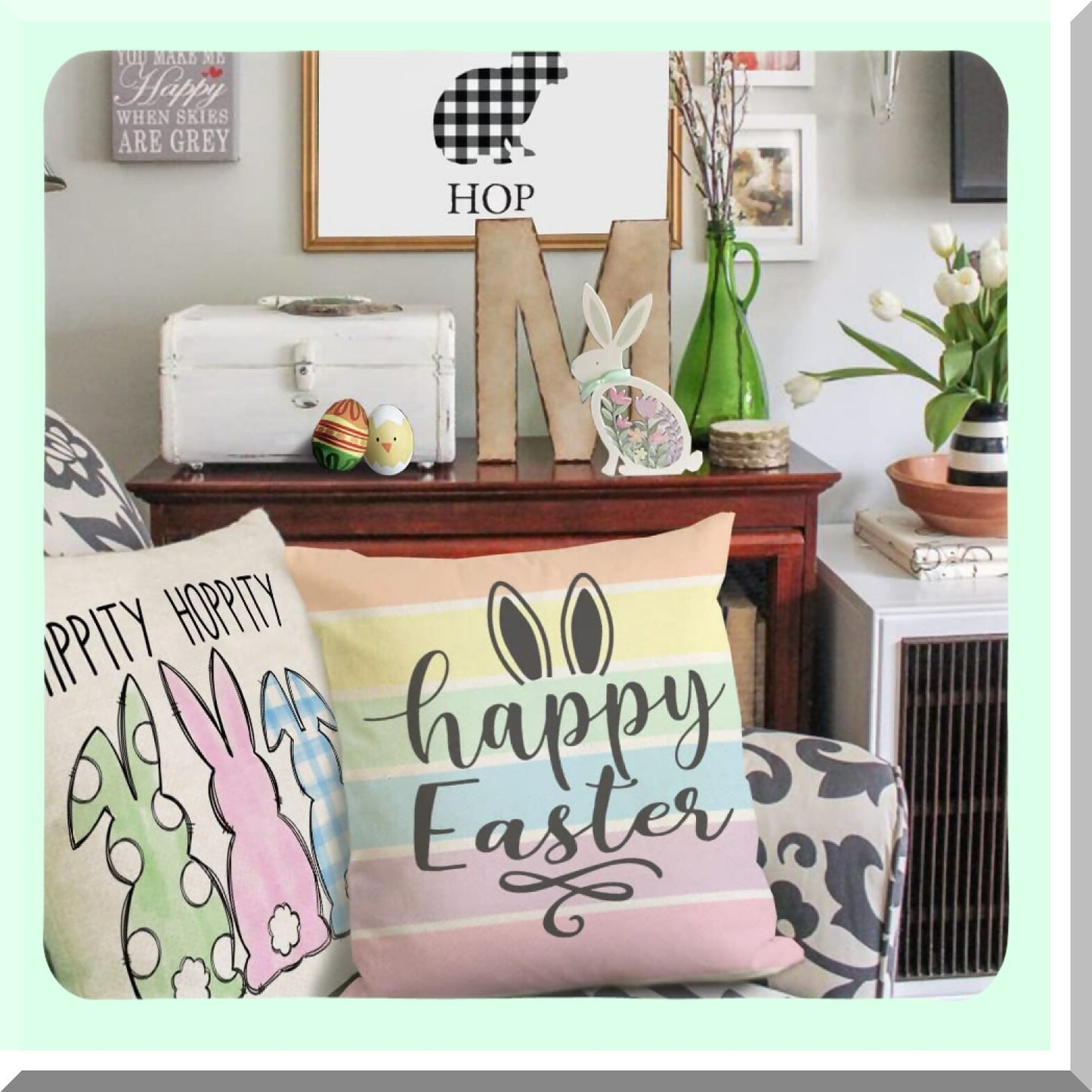 Spring Farmhouse Buffalo Plaid Pillow Covers Set - 18x18 Decorative Throw Pillows with Polka Dot Stripes Bunny Cross Design - Home Decorations Set of 4