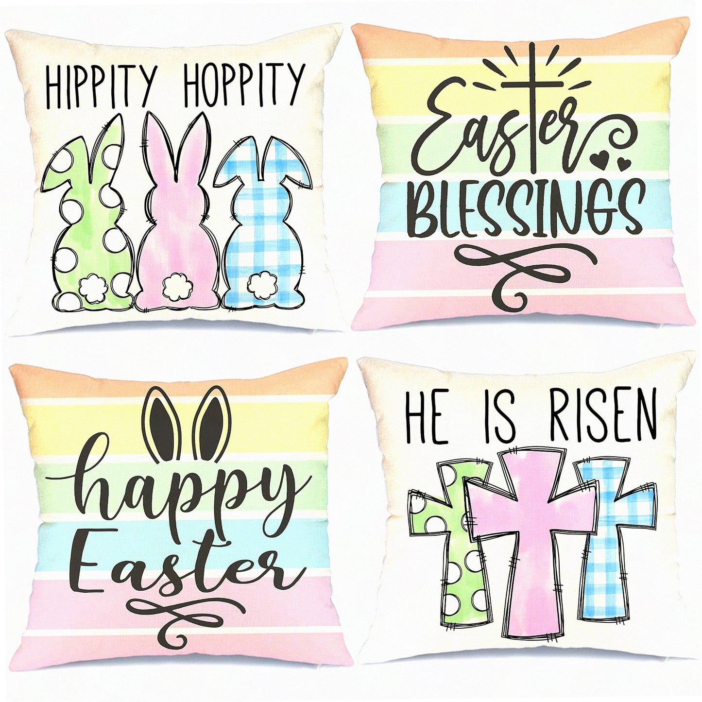 Spring Farmhouse Buffalo Plaid Pillow Covers Set - 18x18 Decorative Throw Pillows with Polka Dot Stripes Bunny Cross Design - Home Decorations Set of 4