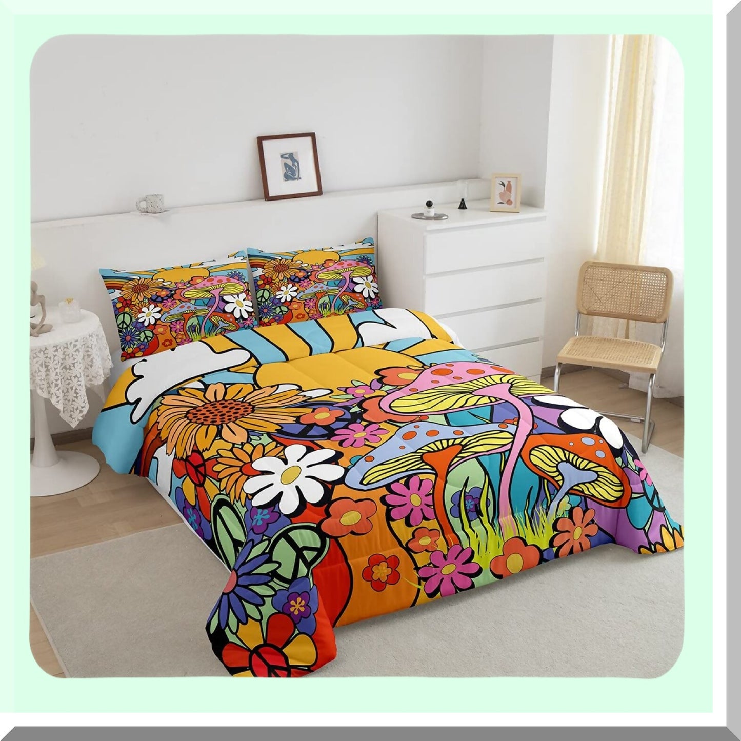 Retro Daisy Sun Comforter Set - Queen Size Boho Floral Bedding with Groovy 60s 70s Vintage Theme - Geometric Striped Quilt Set for Chic Hippie Vibes