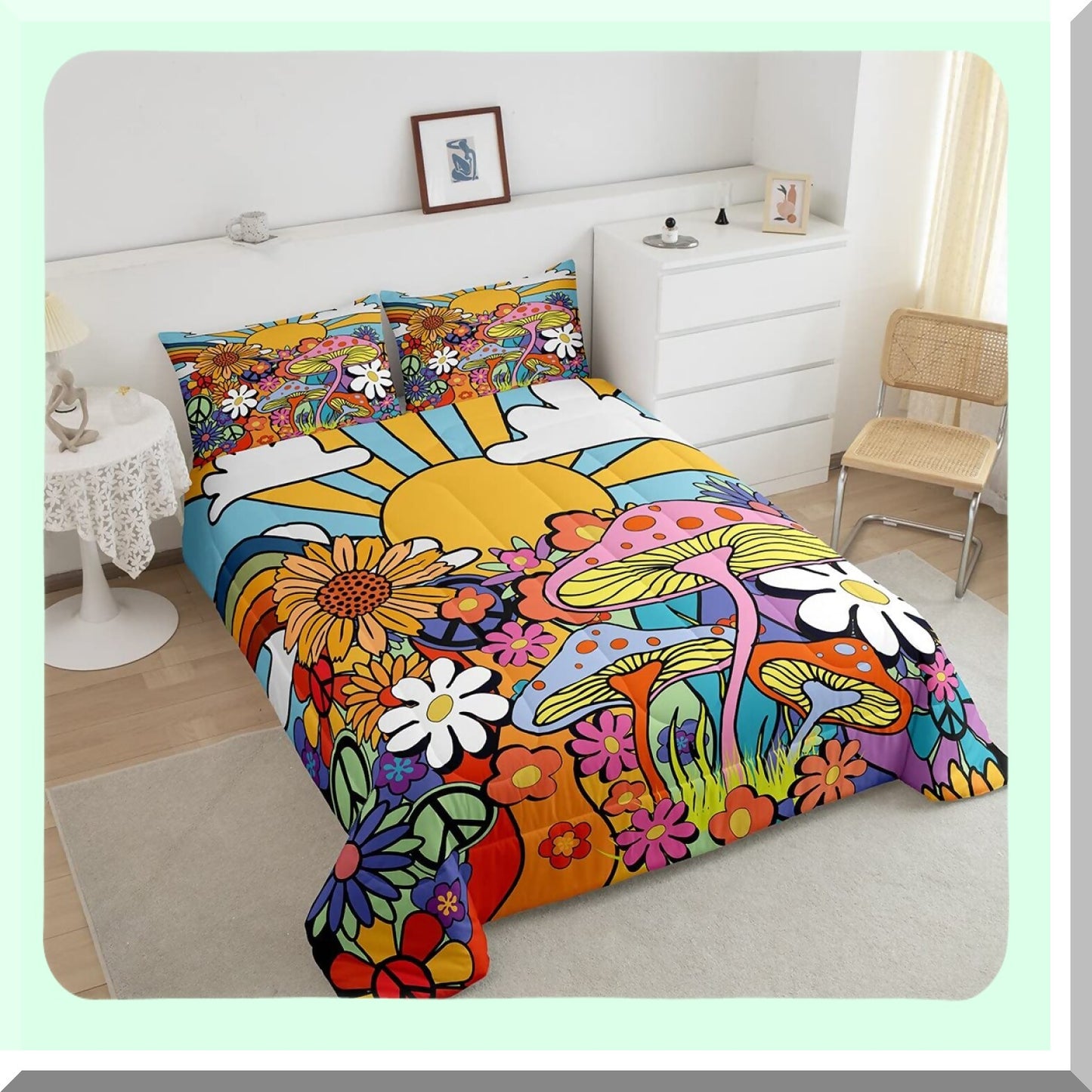 Retro Daisy Sun Comforter Set - Queen Size Boho Floral Bedding with Groovy 60s 70s Vintage Theme - Geometric Striped Quilt Set for Chic Hippie Vibes