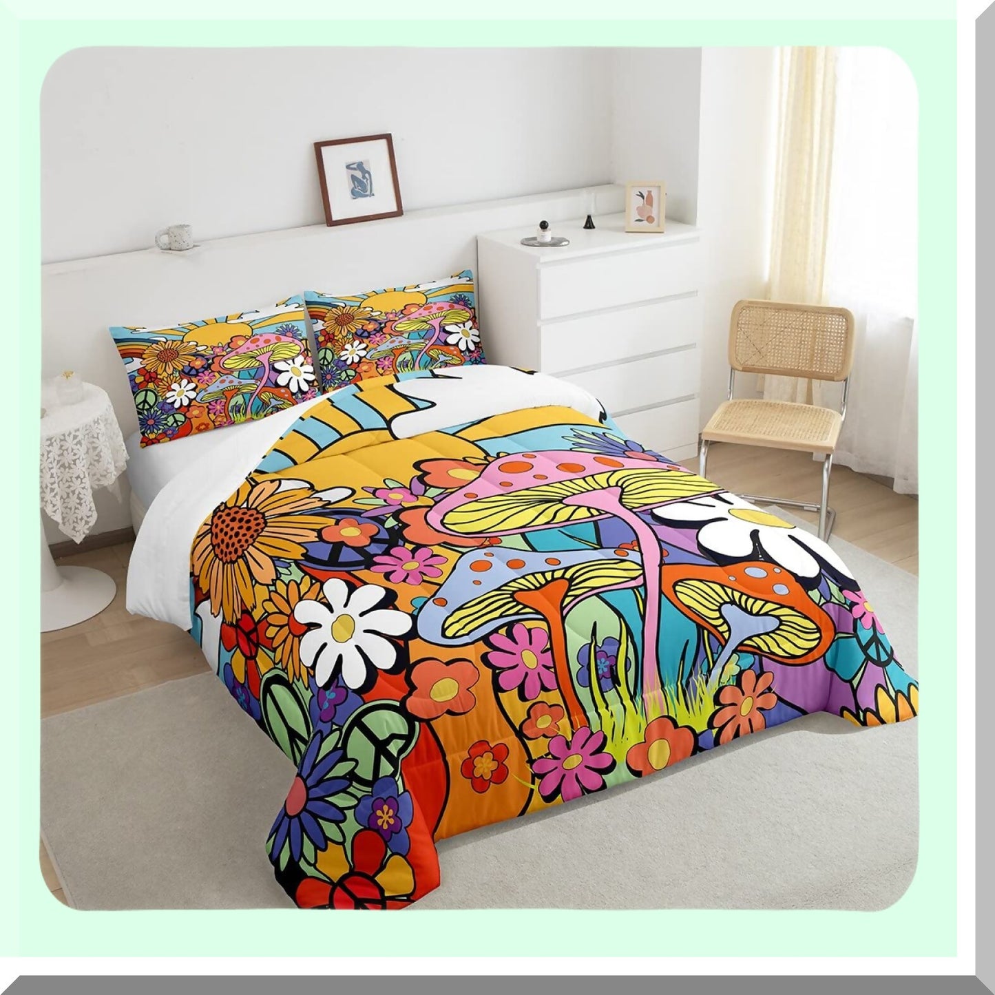 Retro Daisy Sun Comforter Set - Queen Size Boho Floral Bedding with Groovy 60s 70s Vintage Theme - Geometric Striped Quilt Set for Chic Hippie Vibes
