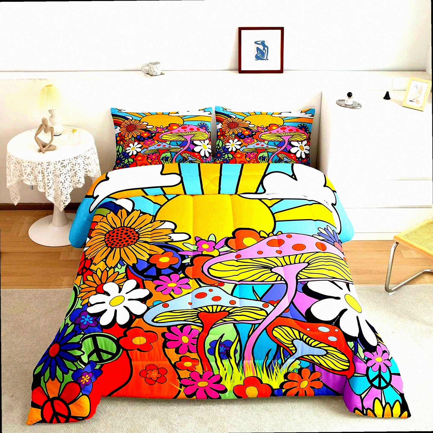 Retro Daisy Sun Comforter Set - Queen Size Boho Floral Bedding with Groovy 60s 70s Vintage Theme - Geometric Striped Quilt Set for Chic Hippie Vibes