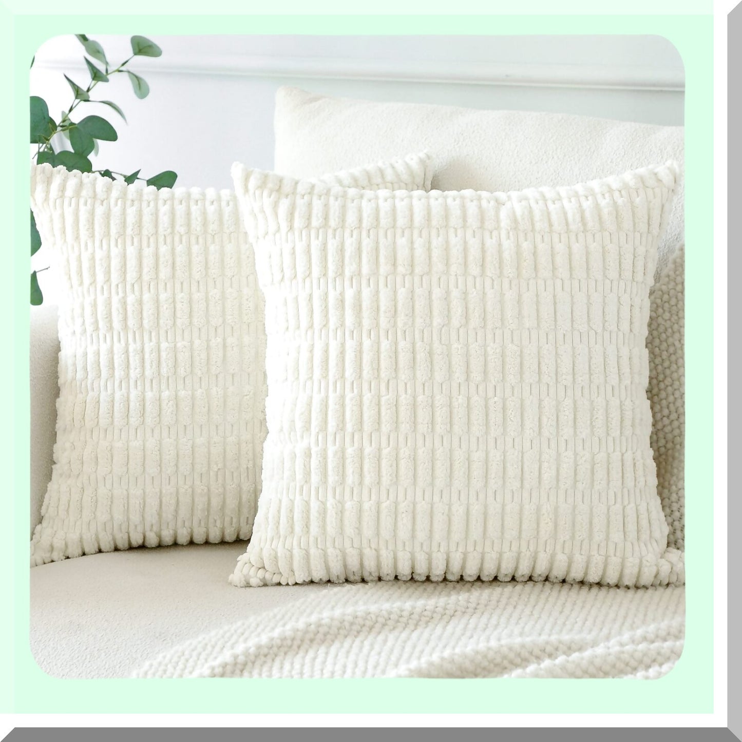 Boho Farmhouse Corduroy Pillow Covers - Set of 2 Soft Striped Square Throw Pillow Cases 24x24 Inch for Sofa, Couch, Bed - Cream Home Decor