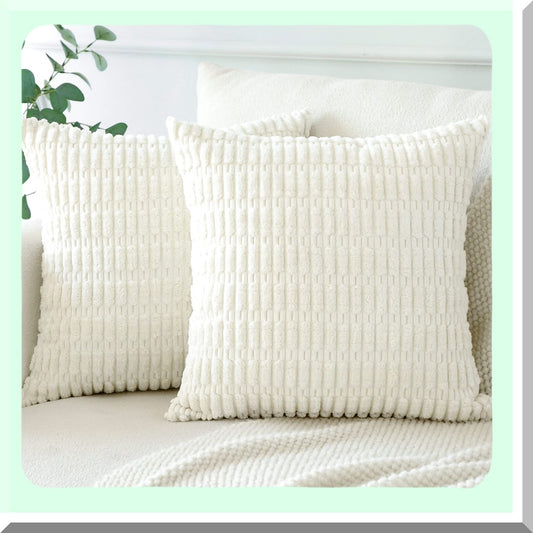 Boho Farmhouse Corduroy Pillow Covers - Set of 2 Soft Striped Square Throw Pillow Cases 24x24 Inch for Sofa, Couch, Bed - Cream Home Decor