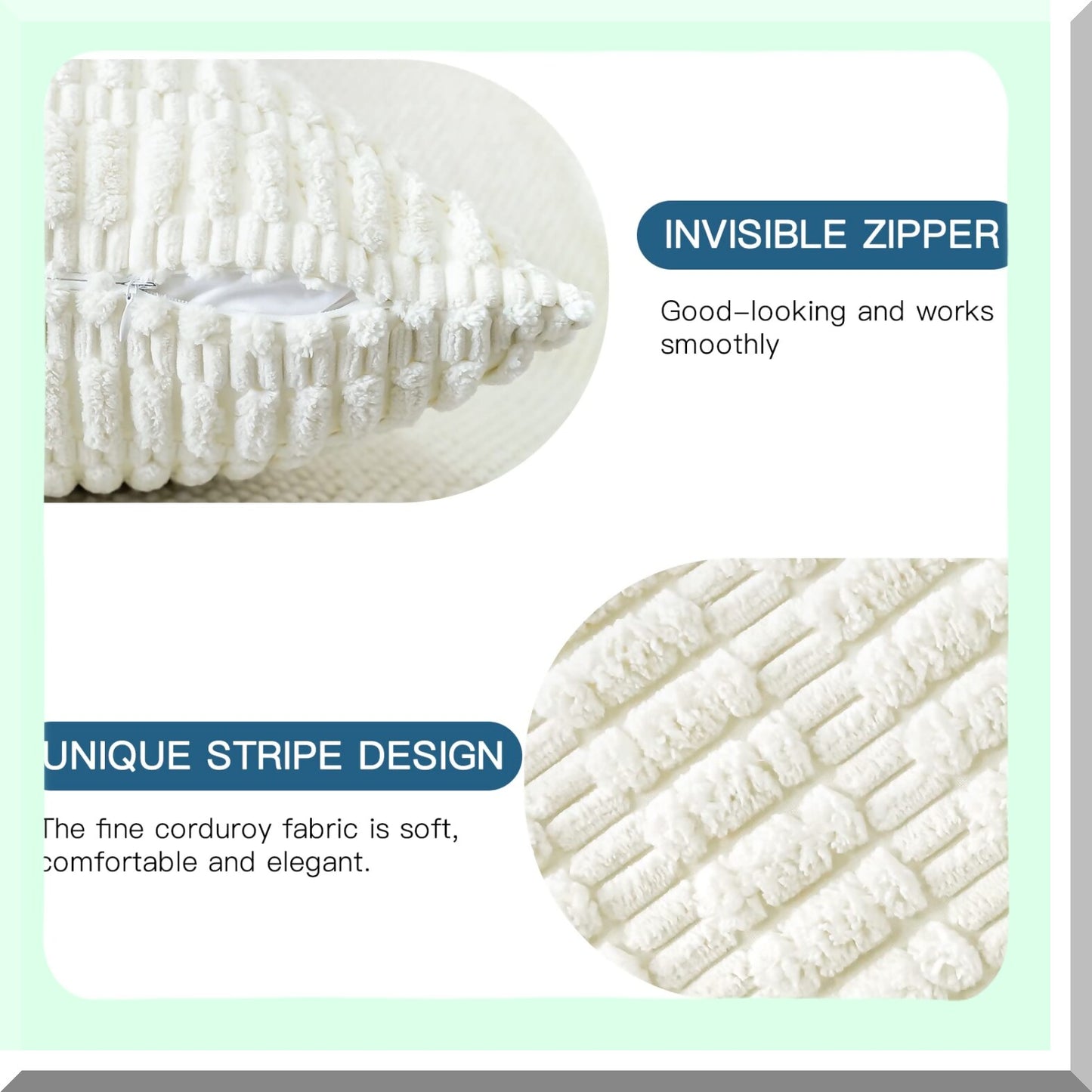 Boho Farmhouse Corduroy Pillow Covers - Set of 2 Soft Striped Square Throw Pillow Cases 24x24 Inch for Sofa, Couch, Bed - Cream Home Decor