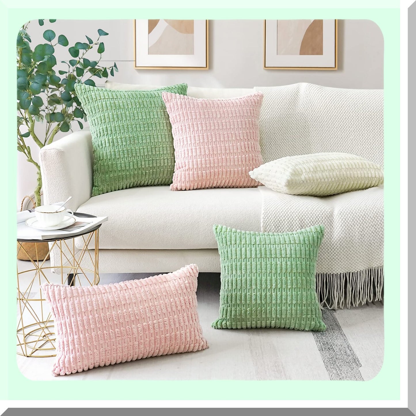 Boho Farmhouse Corduroy Pillow Covers - Set of 2 Soft Striped Square Throw Pillow Cases 24x24 Inch for Sofa, Couch, Bed - Cream Home Decor