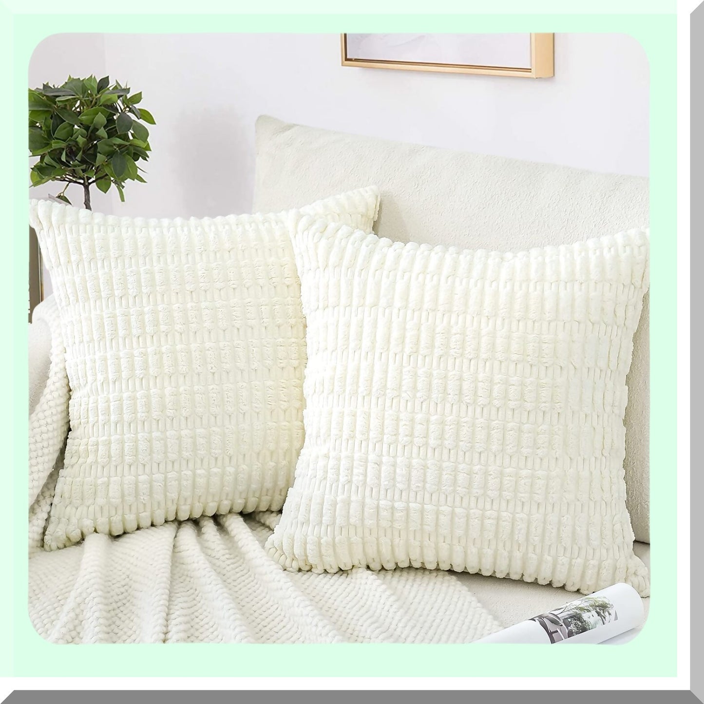 Boho Farmhouse Corduroy Pillow Covers - Set of 2 Soft Striped Square Throw Pillow Cases 24x24 Inch for Sofa, Couch, Bed - Cream Home Decor