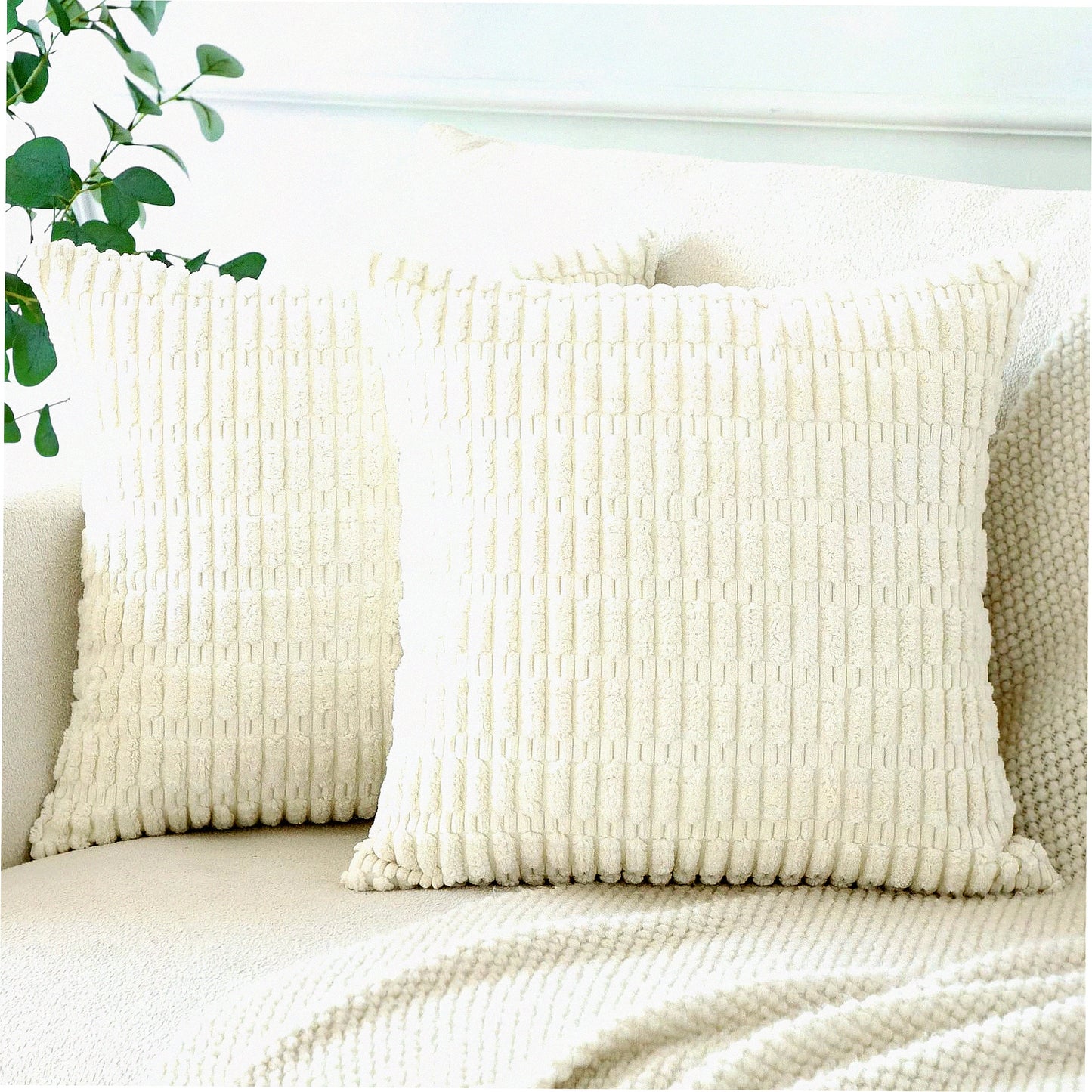 Boho Farmhouse Corduroy Pillow Covers - Set of 2 Soft Striped Square Throw Pillow Cases 24x24 Inch for Sofa, Couch, Bed - Cream Home Decor