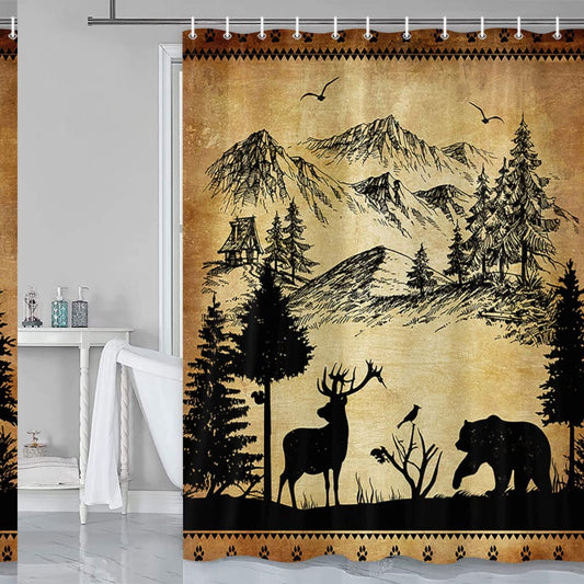Rustic Farmhouse Bear Deer Shower Curtain 69x70in