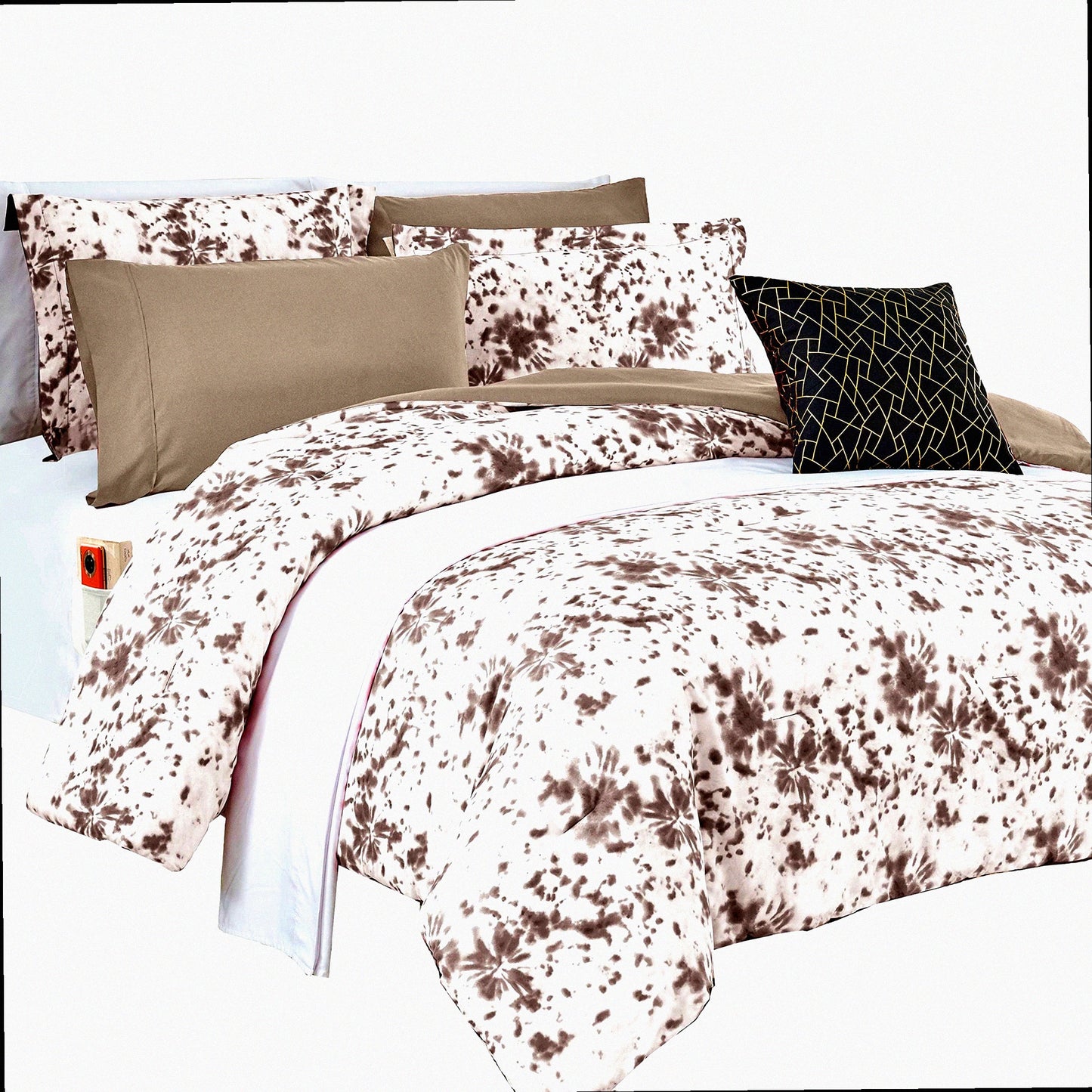 Tie-Dye Dream 10-Piece Comforter Set - Queen Gray - Plush Lightweight Material - Reversible Design - Smart Pockets - Decorative Pillow - Fitted Sheet