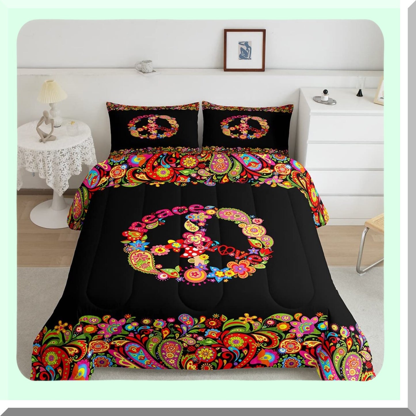 Hippie Peace Art Comforter Set - Exotic Paisley Floral Duvet - Queen Size 3Pcs with Pillow Cases - Peace Sign Room Decor - Art of Peace Bedding
