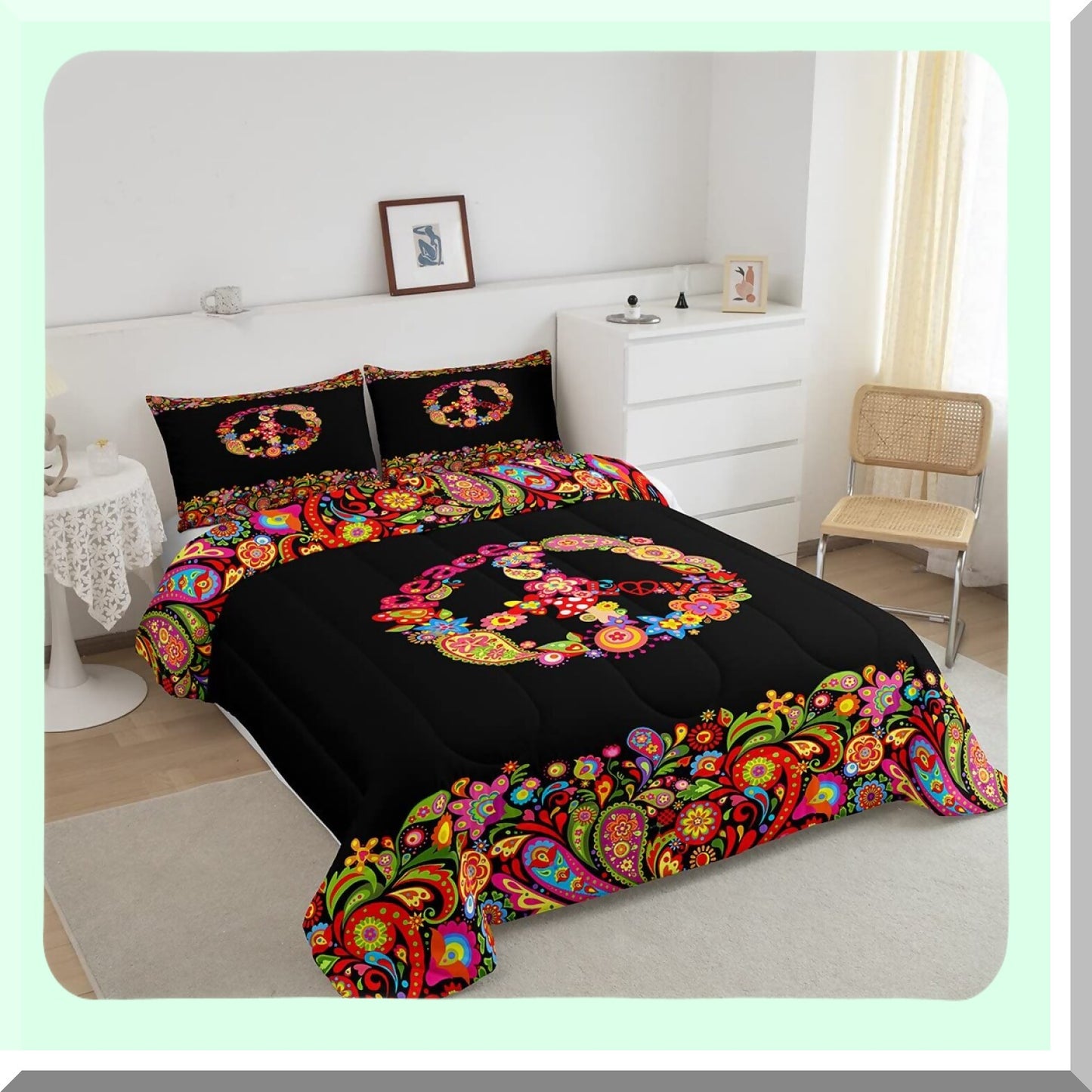 Hippie Peace Art Comforter Set - Exotic Paisley Floral Duvet - Queen Size 3Pcs with Pillow Cases - Peace Sign Room Decor - Art of Peace Bedding