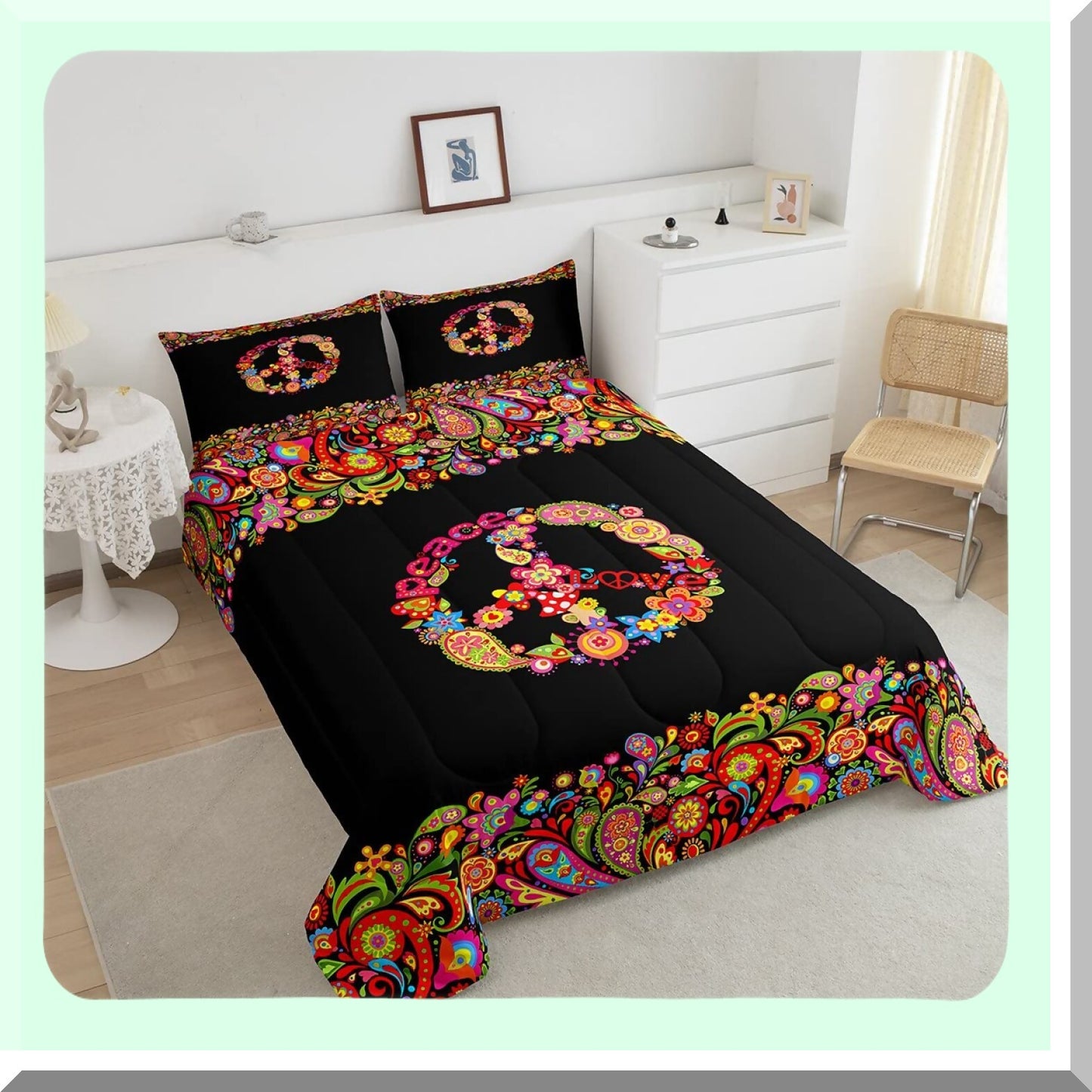 Hippie Peace Art Comforter Set - Exotic Paisley Floral Duvet - Queen Size 3Pcs with Pillow Cases - Peace Sign Room Decor - Art of Peace Bedding