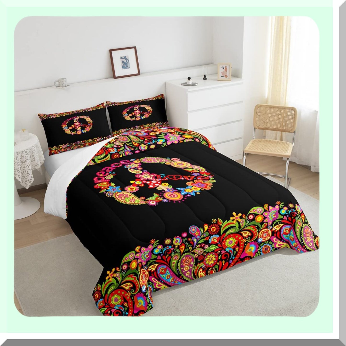 Hippie Peace Art Comforter Set - Exotic Paisley Floral Duvet - Queen Size 3Pcs with Pillow Cases - Peace Sign Room Decor - Art of Peace Bedding