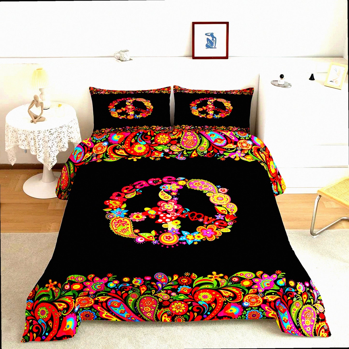 Hippie Peace Art Comforter Set - Exotic Paisley Floral Duvet - Queen Size 3Pcs with Pillow Cases - Peace Sign Room Decor - Art of Peace Bedding