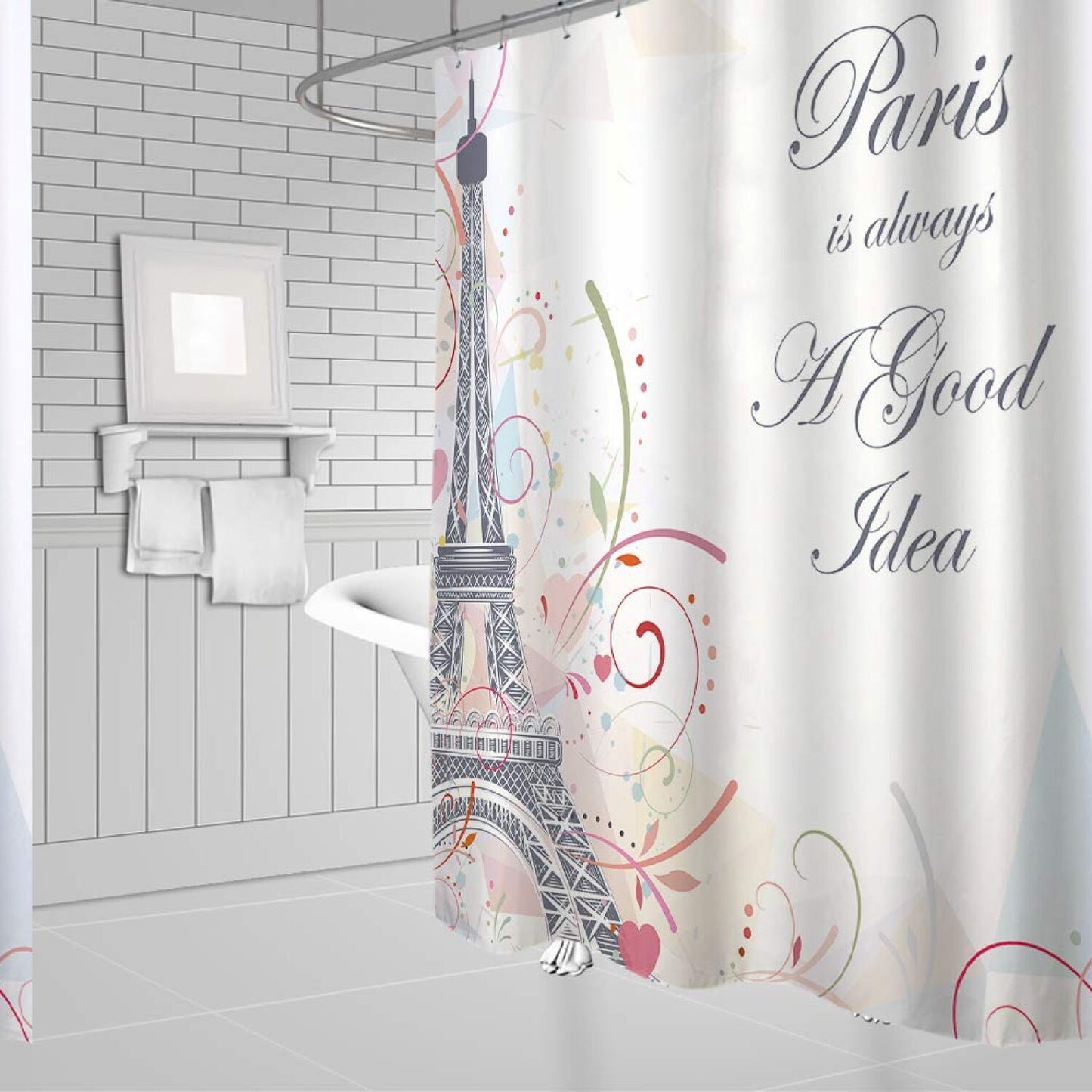 Paris Eiffel Tower Shower Curtain 71x71 Inches Pink Flower