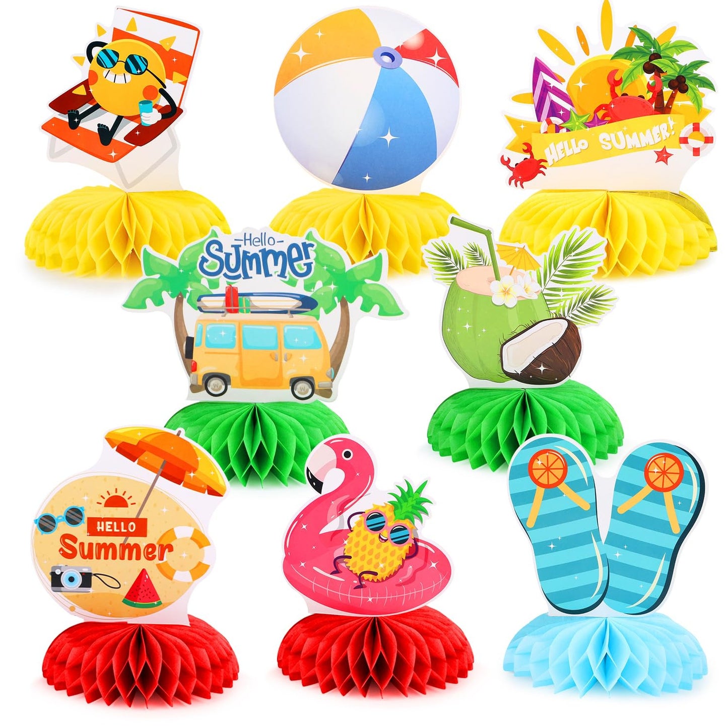Summer Beach Honeycomb Centerpieces - Set of 8 | Hello Summer Pool Party Table Decor | Vibrant Summer Party Decorations for Beach Theme Party