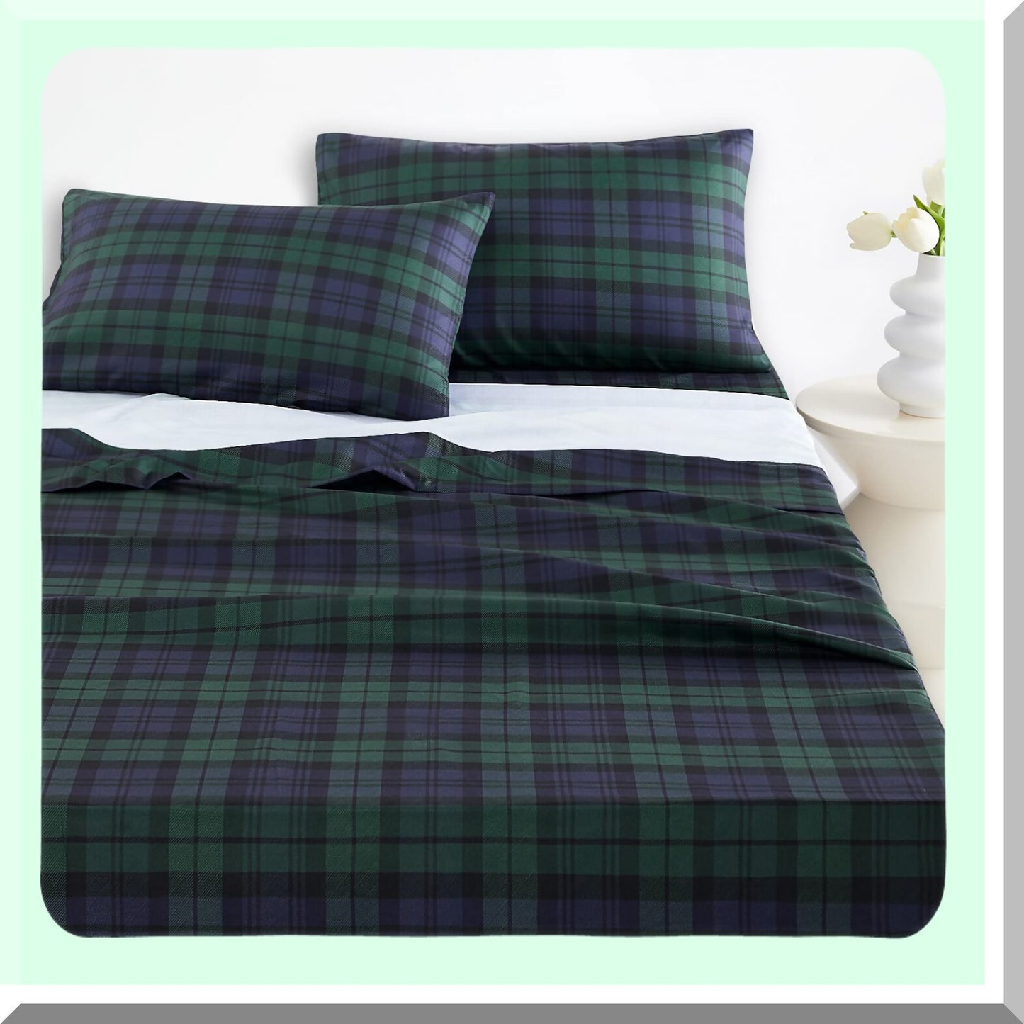 Masculine Plaid Deep Pocket Bed Sheet Set - Dark Green Navy Blue - Soft Microfiber - Tartan Geometric Check - 4-Piece Fitted Flat Sheets - Size Bedding