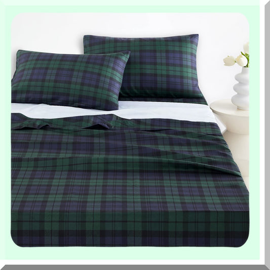 Masculine Plaid Deep Pocket Bed Sheet Set - Dark Green Navy Blue - Soft Microfiber - Tartan Geometric Check - 4-Piece Fitted Flat Sheets - Size Bedding