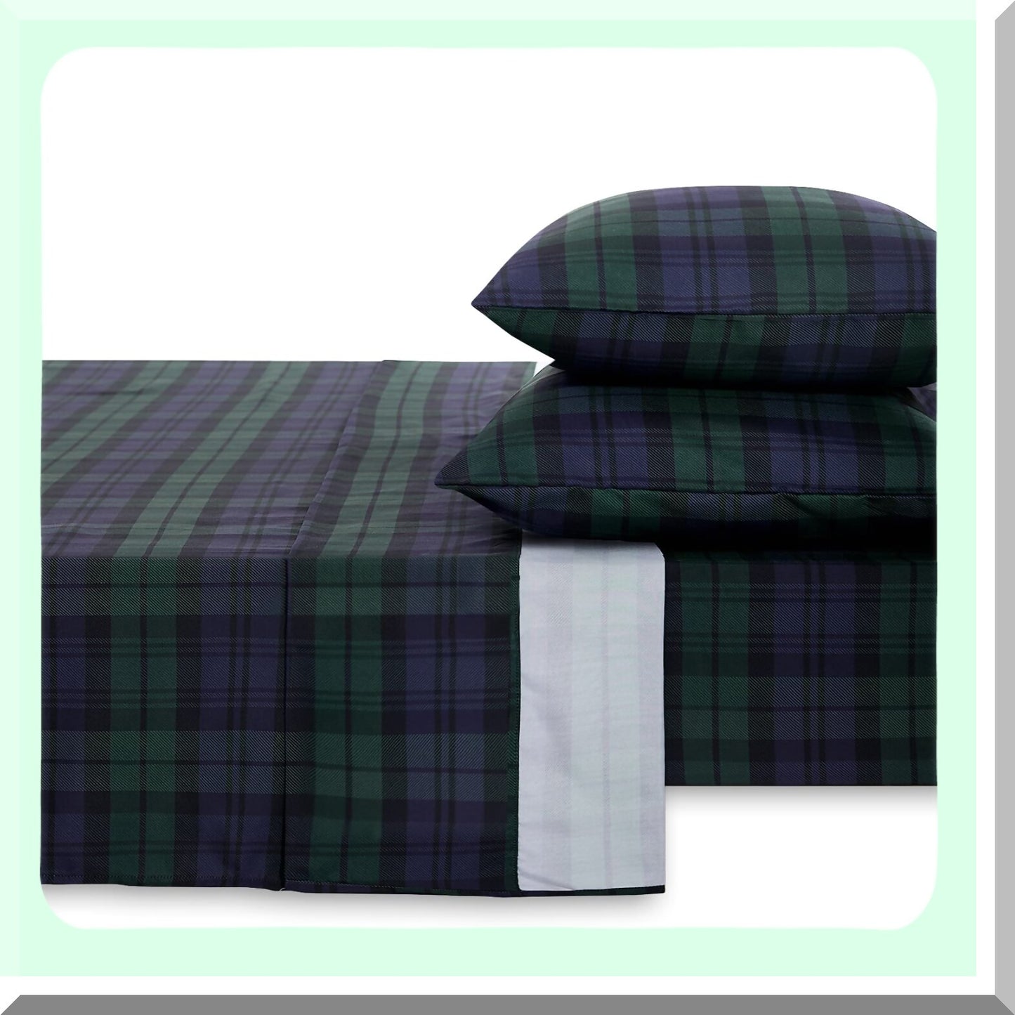 Masculine Plaid Deep Pocket Bed Sheet Set - Dark Green Navy Blue - Soft Microfiber - Tartan Geometric Check - 4-Piece Fitted Flat Sheets - Size Bedding