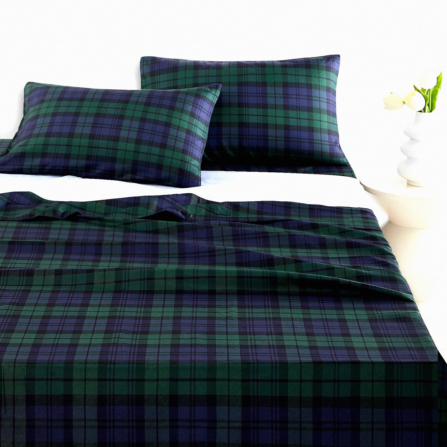 Masculine Plaid Deep Pocket Bed Sheet Set - Dark Green Navy Blue - Soft Microfiber - Tartan Geometric Check - 4-Piece Fitted Flat Sheets - Size Bedding