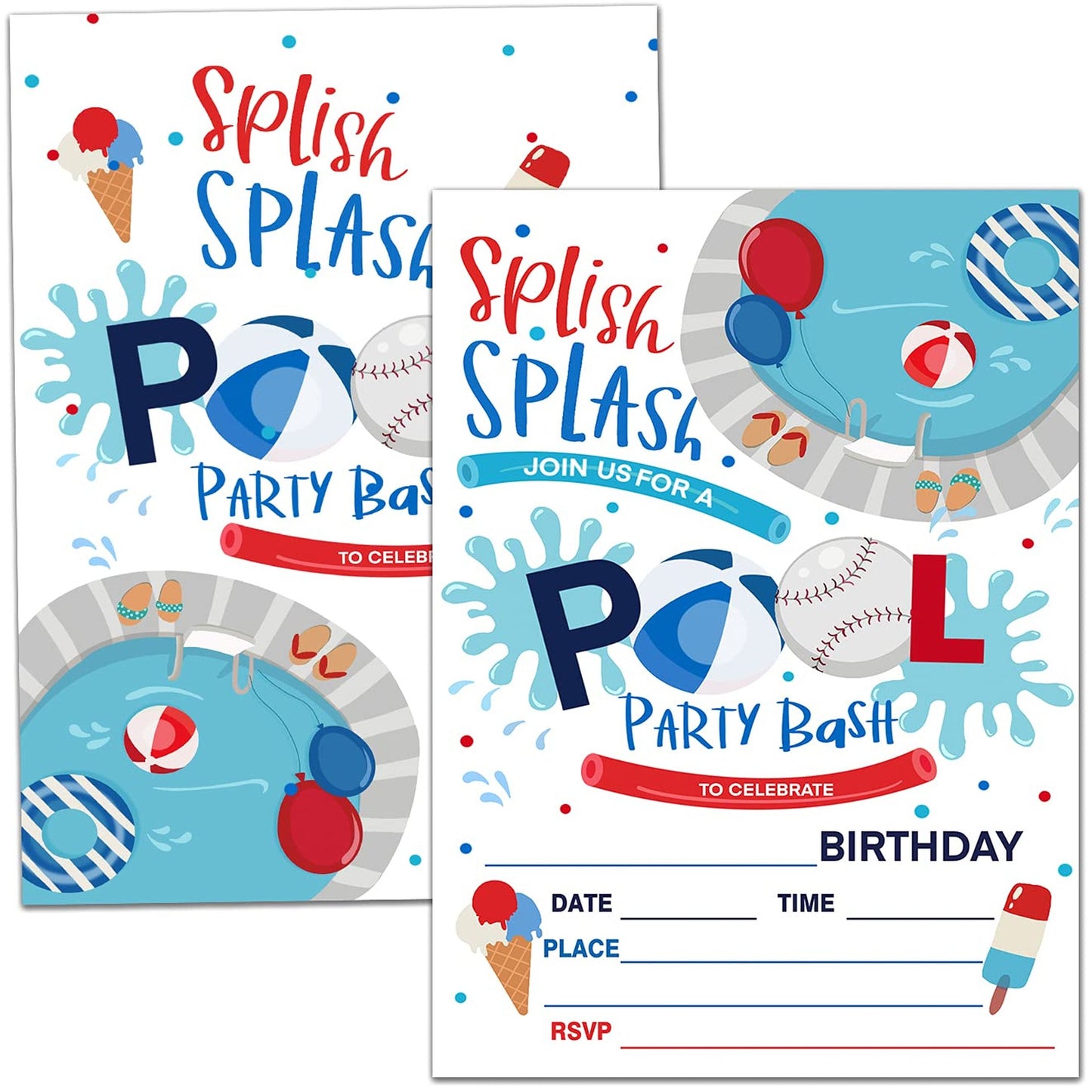 Swimming Pool Birthday Party Invitation Cards with Envelopes