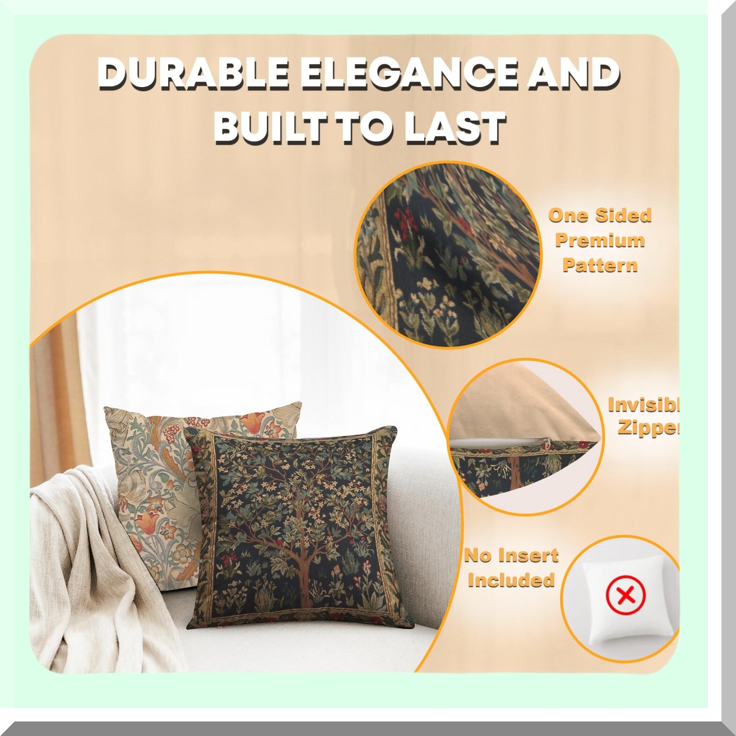 Blue Tree Boho Jacquard Pillow Covers - Decorative Square Cases for Couch & Living Room - 18x18 European Cotton Woven - Cozy Bedroom Decor