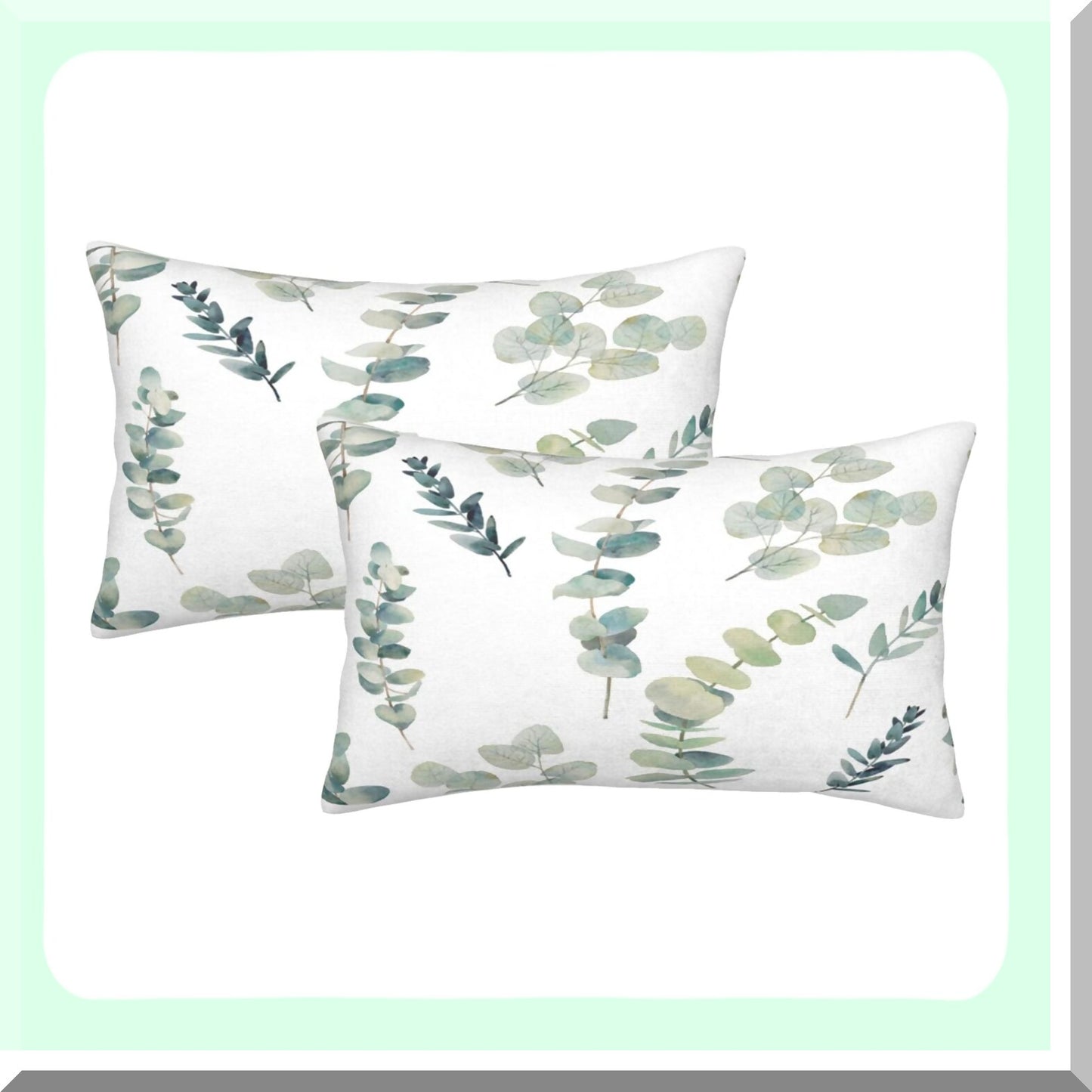 EcoChic Leafy Green Pillow Set - 12x20 Inch Watercolor Eucalyptus Branch Cushion Covers - Seafoam Sage Decorative Throw Pillows for Bedroom Sofa