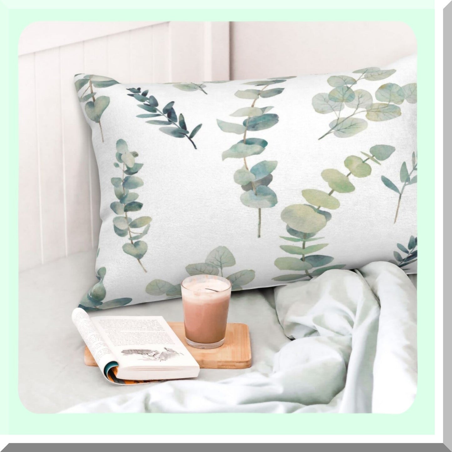 EcoChic Leafy Green Pillow Set - 12x20 Inch Watercolor Eucalyptus Branch Cushion Covers - Seafoam Sage Decorative Throw Pillows for Bedroom Sofa