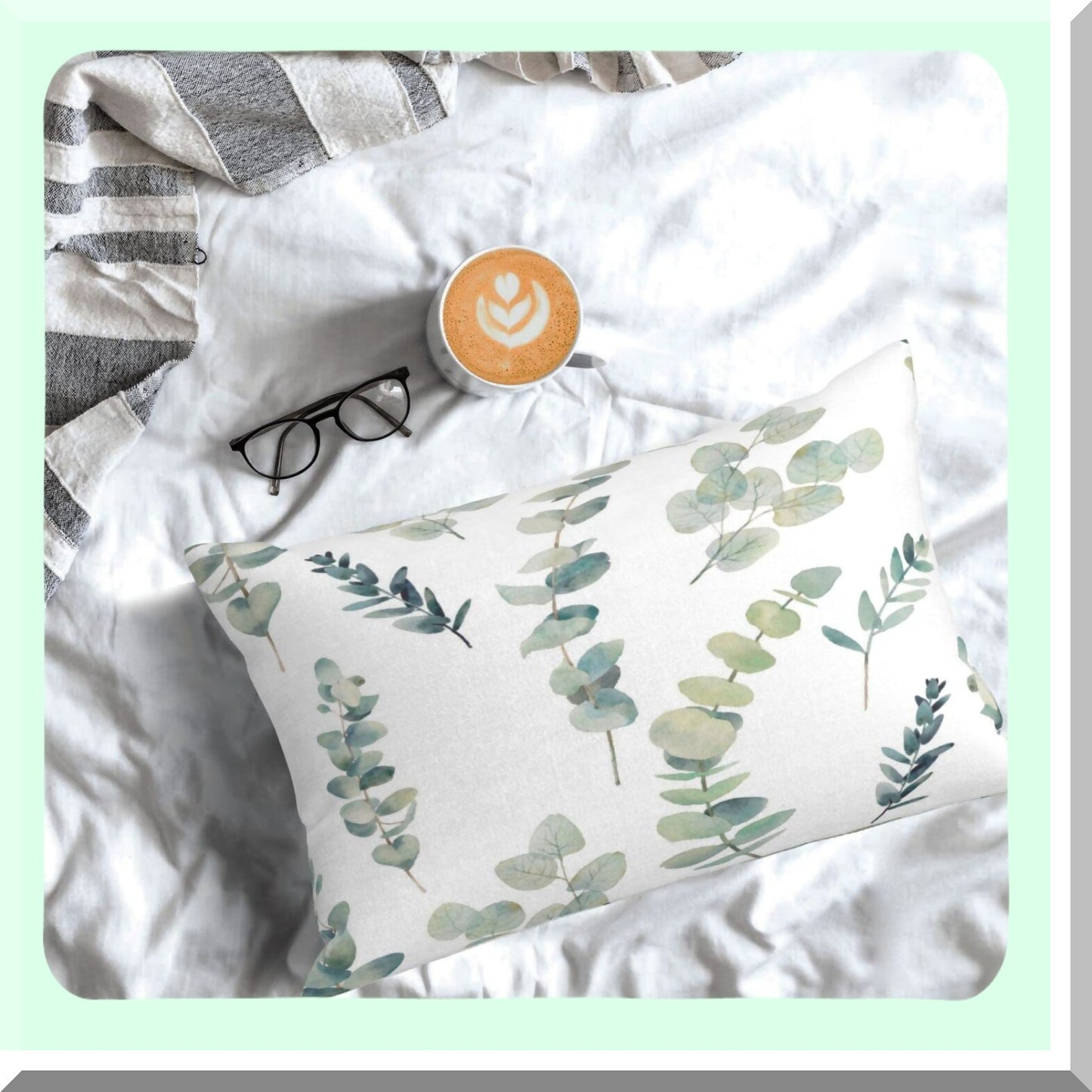 EcoChic Leafy Green Pillow Set - 12x20 Inch Watercolor Eucalyptus Branch Cushion Covers - Seafoam Sage Decorative Throw Pillows for Bedroom Sofa