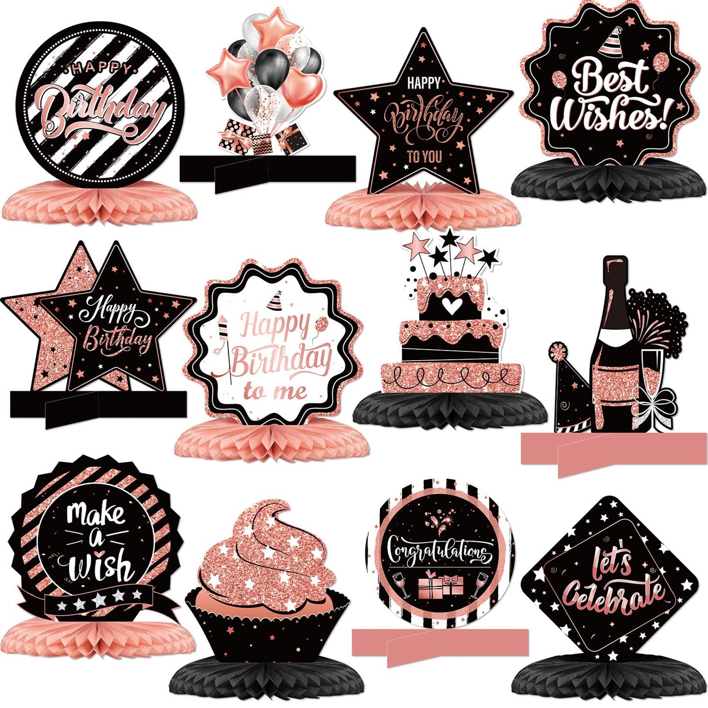 Birthday Bliss Honeycomb Table Toppers - Set of 12 Rose Gold & Black Centerpieces for Women & Men. Perfect for Happy Birthday Theme Parties!