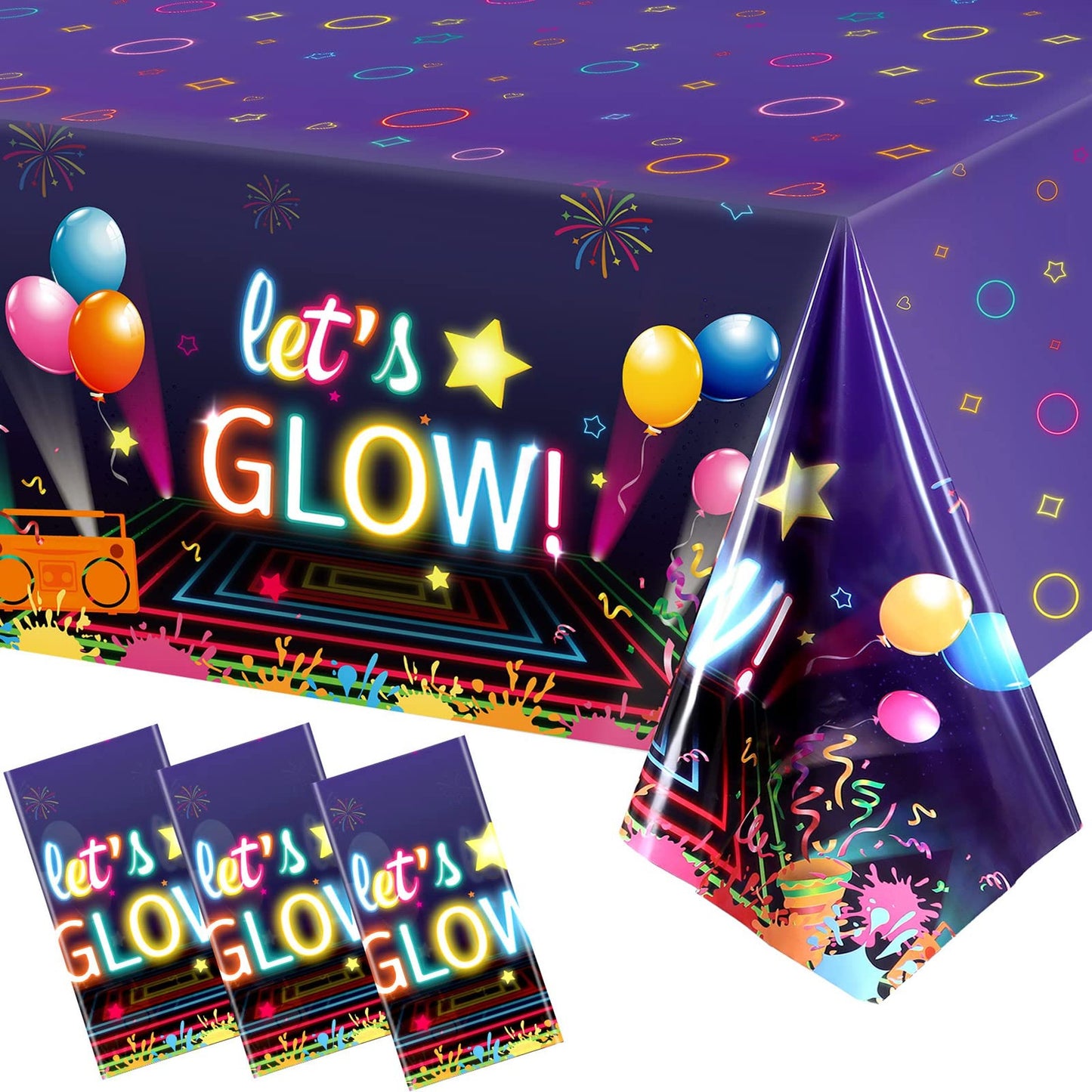 Neon Glow Party Table Covers - Set of 3 Disposable Plastic Tablecloths for Let Glow Birthday Black Light Party Decorations - 108 x 54 Inch Neon Glow Tablecloth